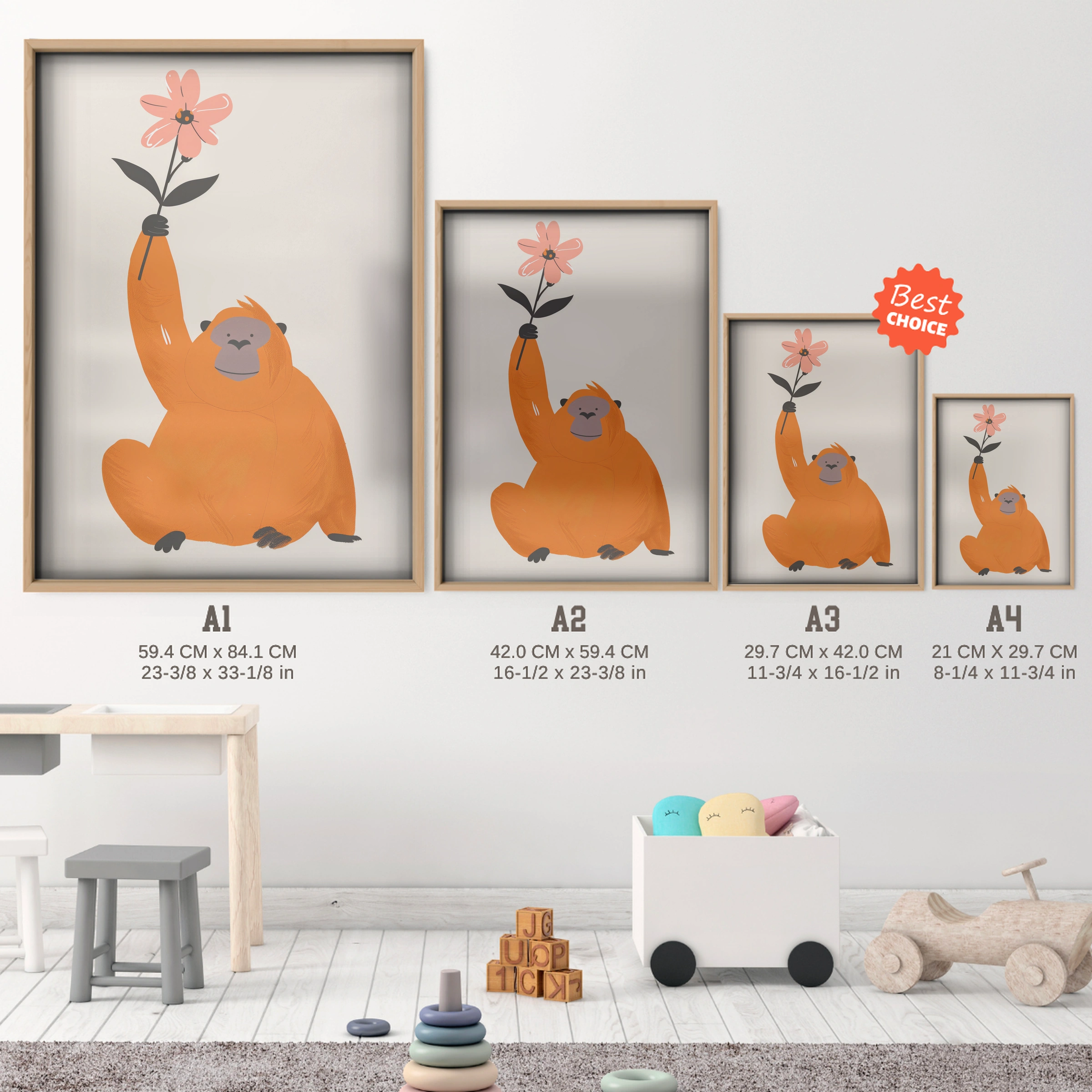 Orangutan with a Flower Nursery Print - size guide A4 A3 A2 A1 nursery print