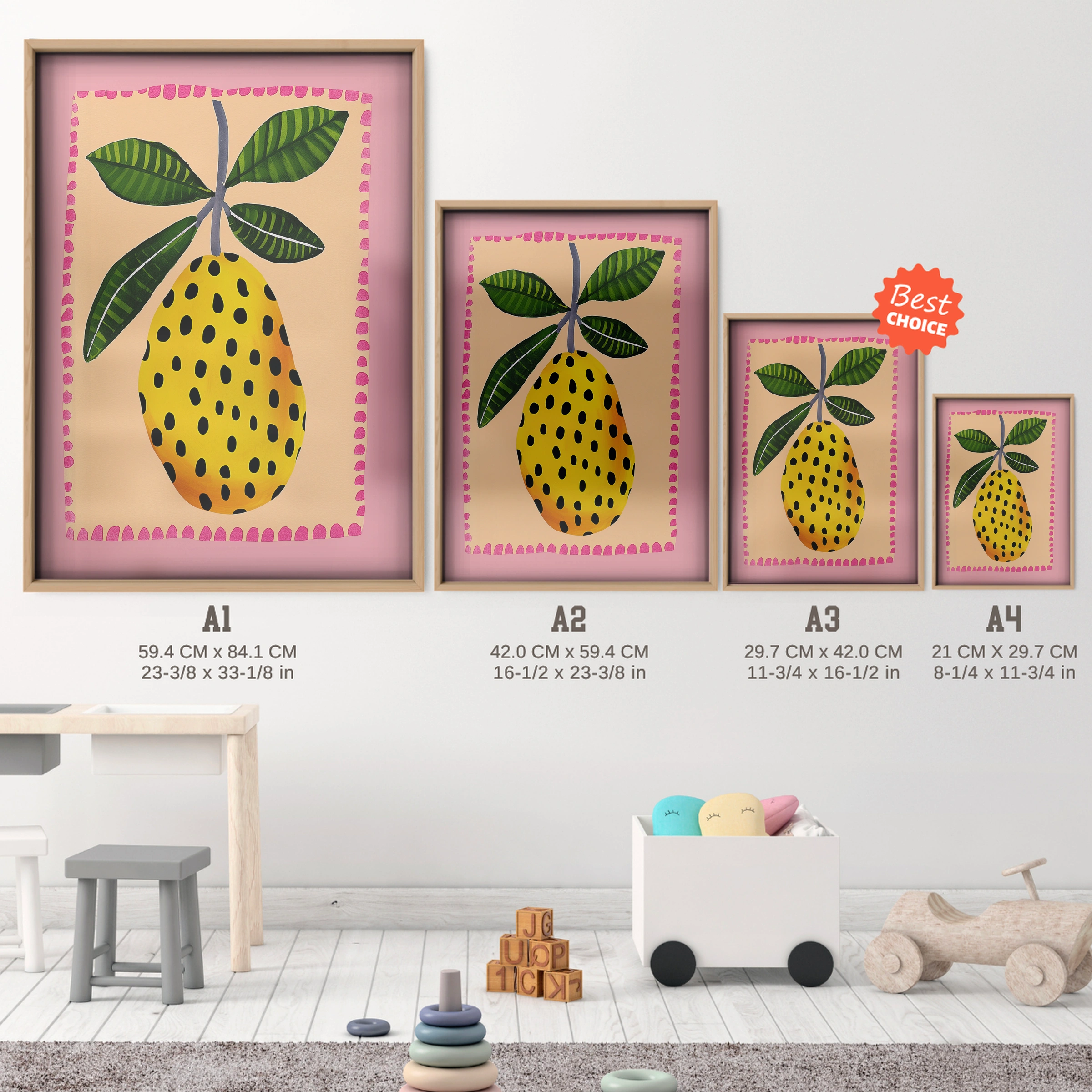Painted Lemon Nursery Print - size guide A4 A3 A2 A1 nursery print