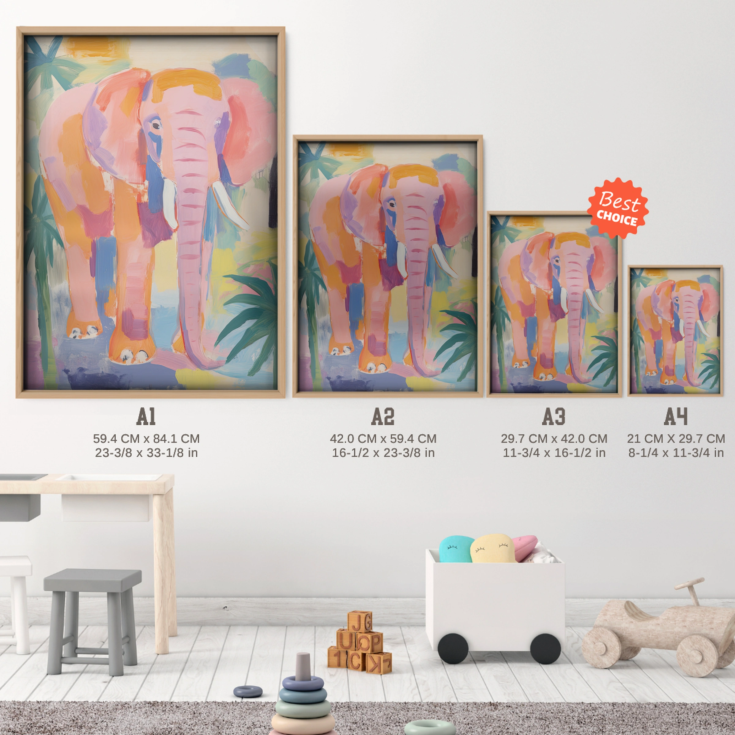 Painted Pink Elephant Nursery Print - size guide A4 A3 A2 A1 nursery print