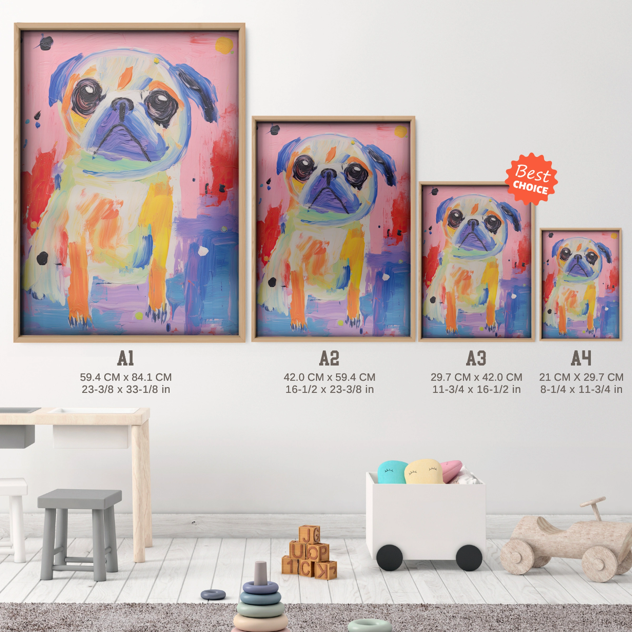 Painted Pug Nursery Print - size guide A4 A3 A2 A1 nursery print