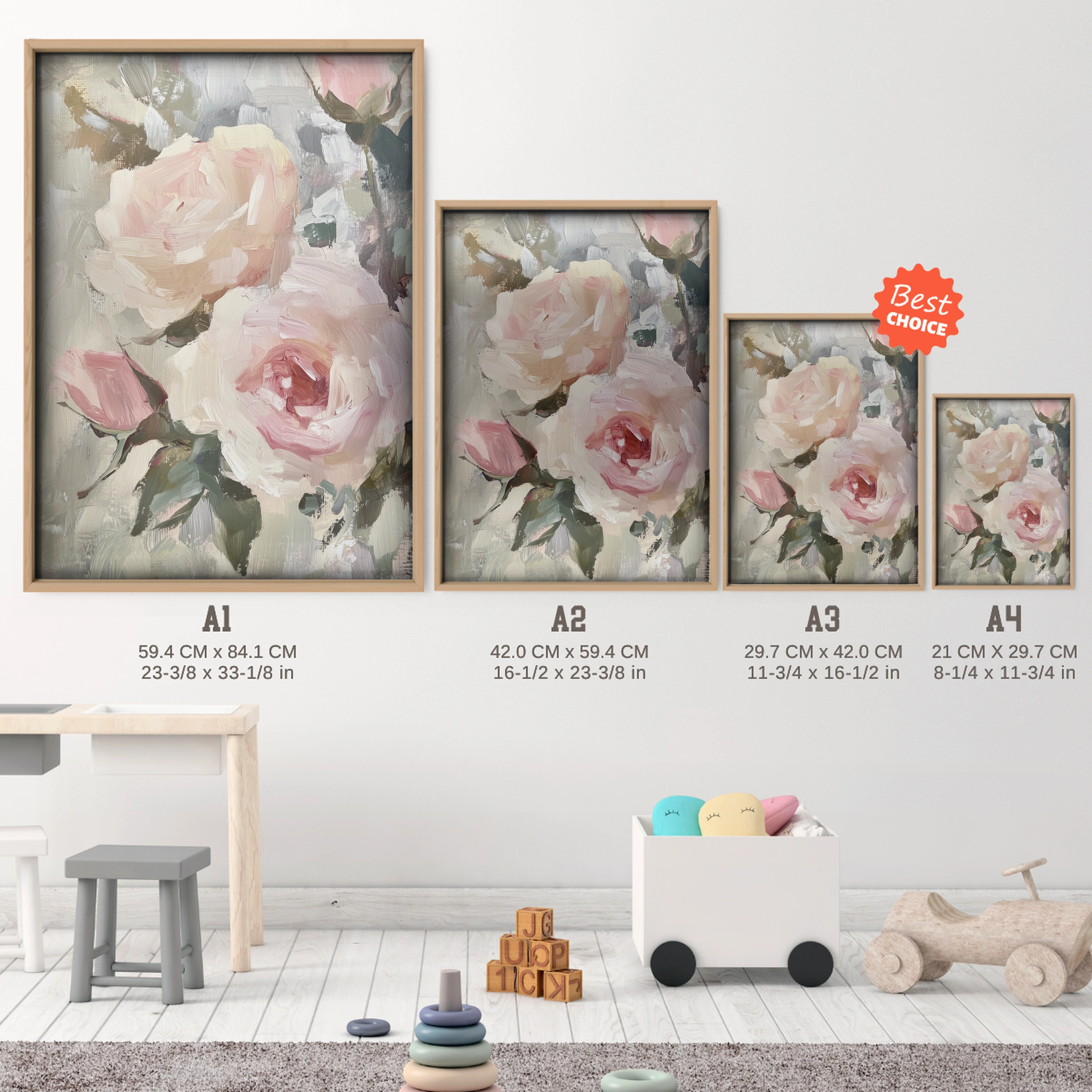 Painted Roses Nursery Print - size guide A4 A3 A2 A1 nursery print