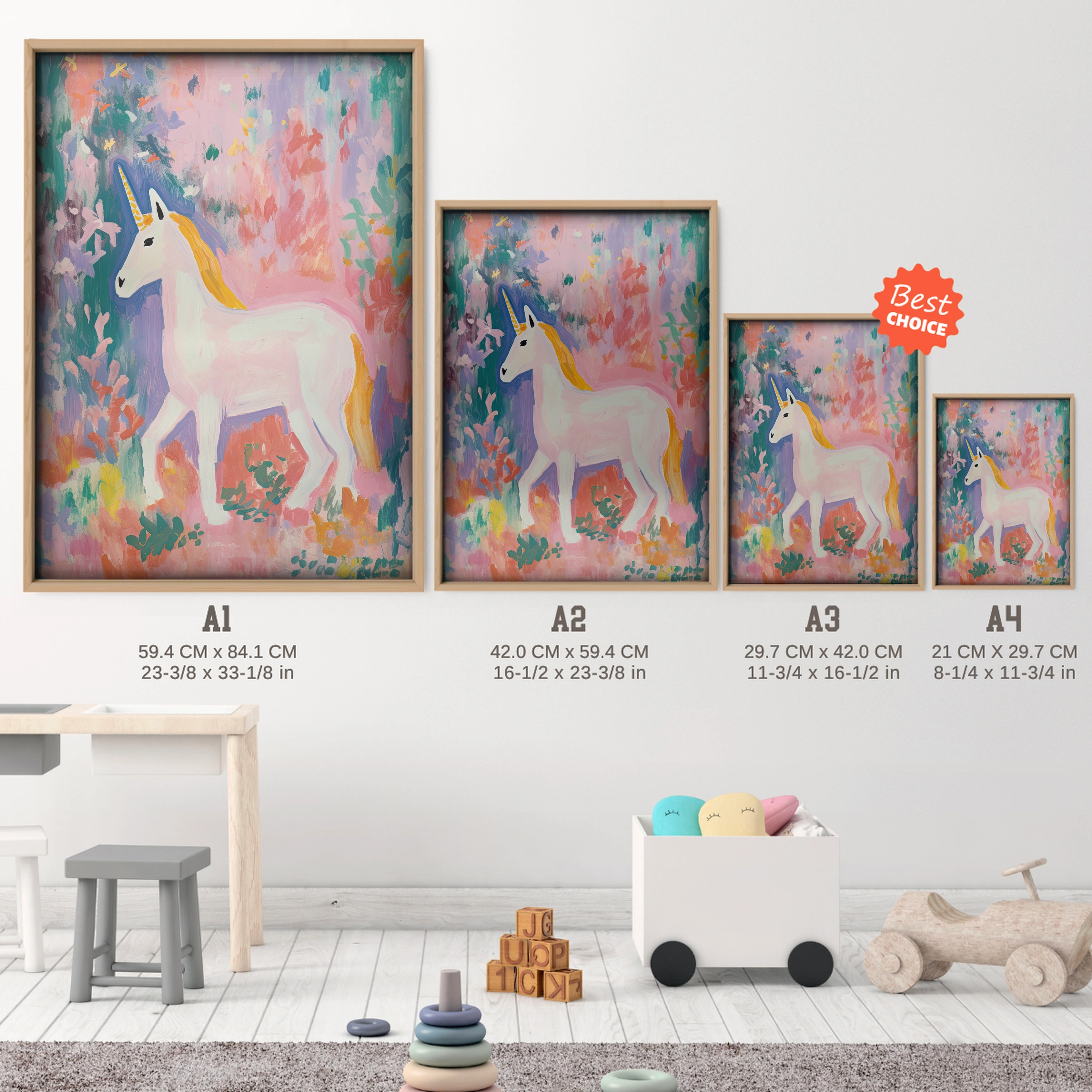 Painted Unicorn Nursery Print - size guide A4 A3 A2 A1 nursery print