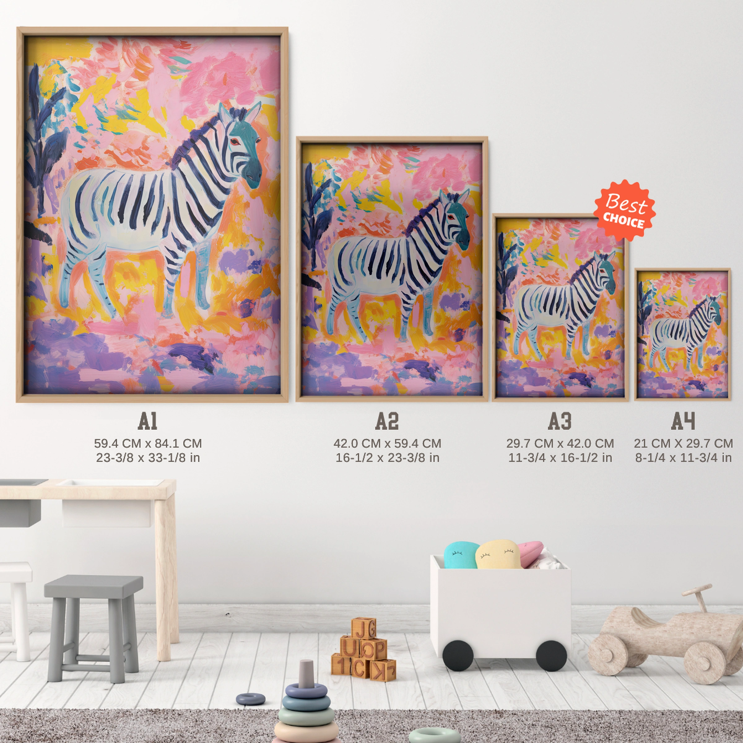 Painted Zebra Nursery Print - size guide A4 A3 A2 A1 nursery print