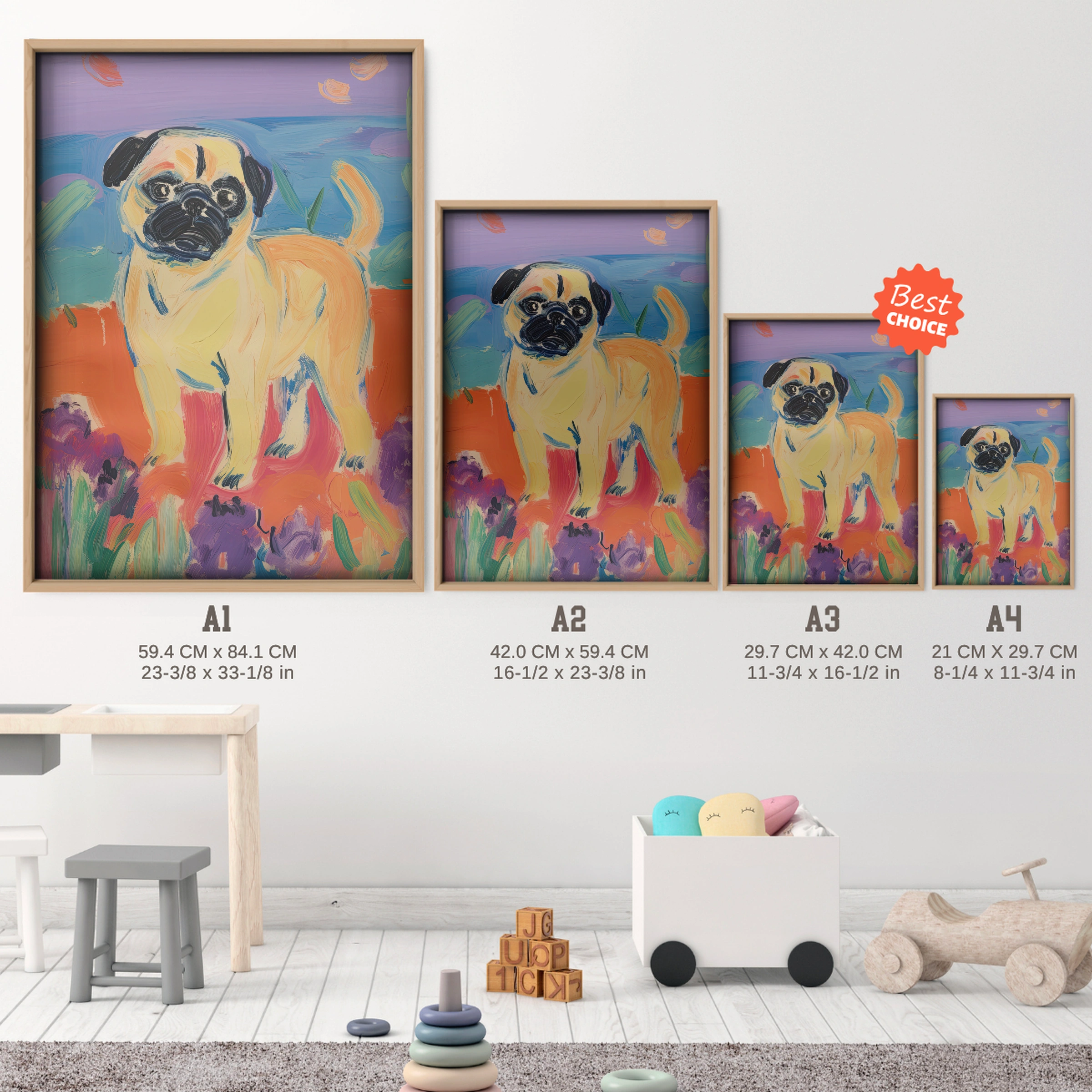 Painterly Pug Nursery Print - size guide A4 A3 A2 A1 nursery print