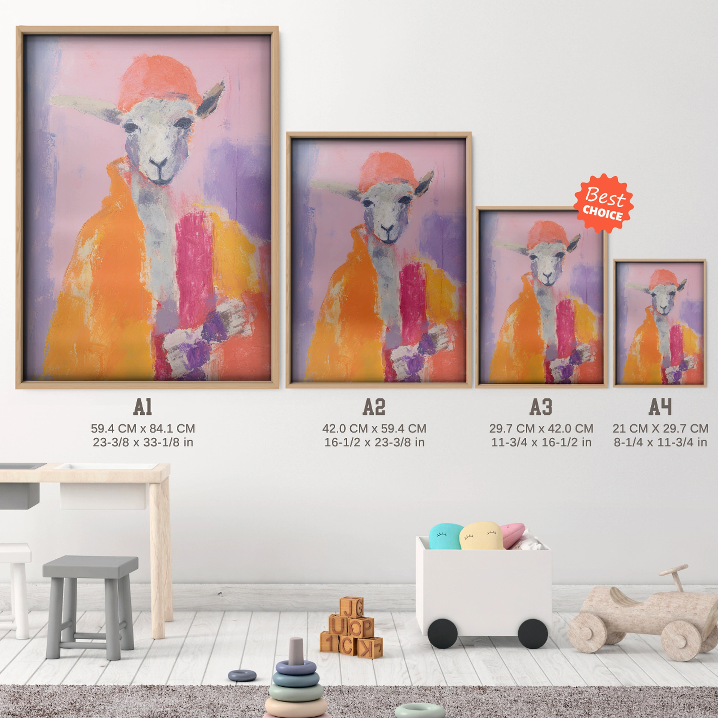 Painterly Sheep Nursery Print - size guide A4 A3 A2 A1 nursery print