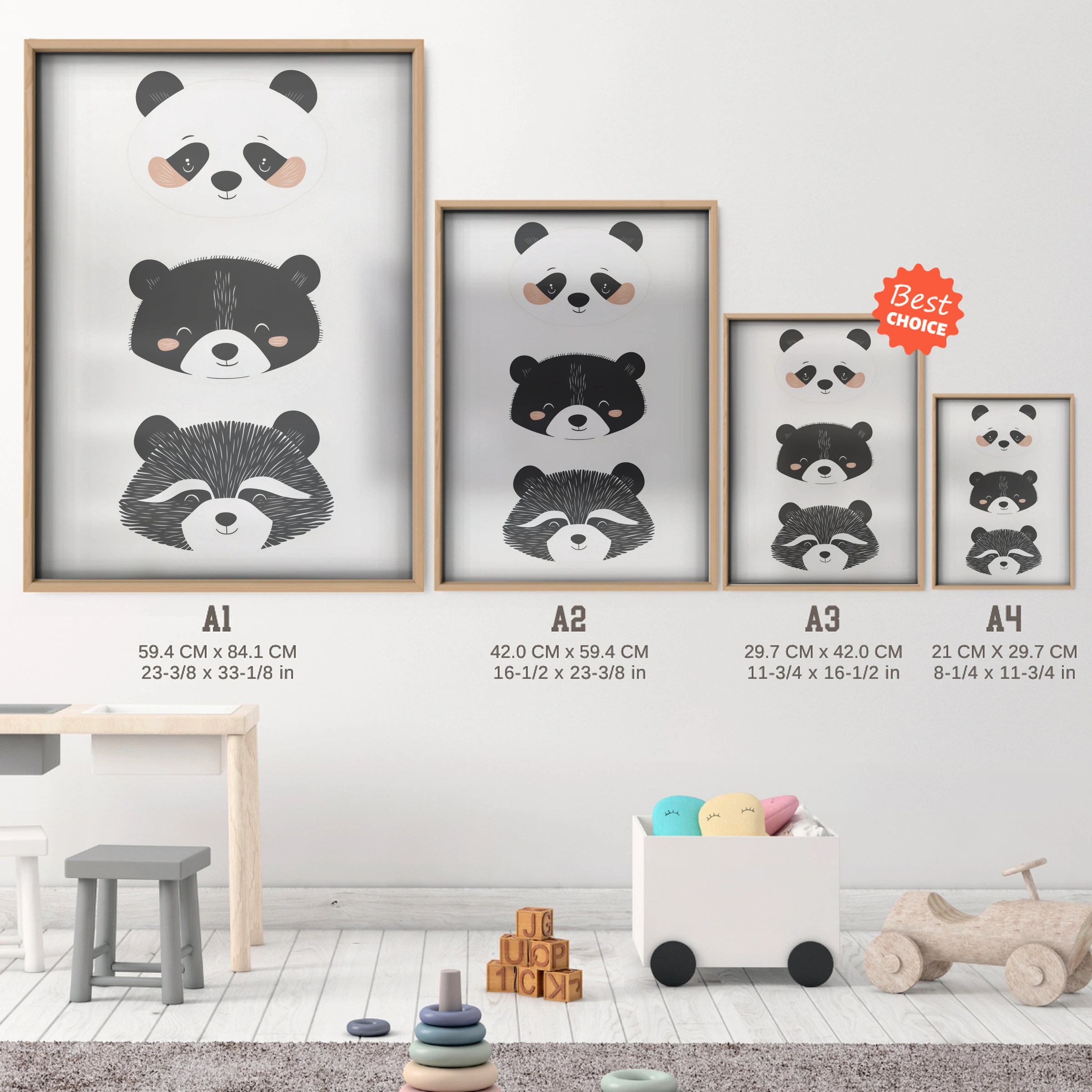 Panda Bear Raccoon Nursery Print - size guide A4 A3 A2 A1 nursery print