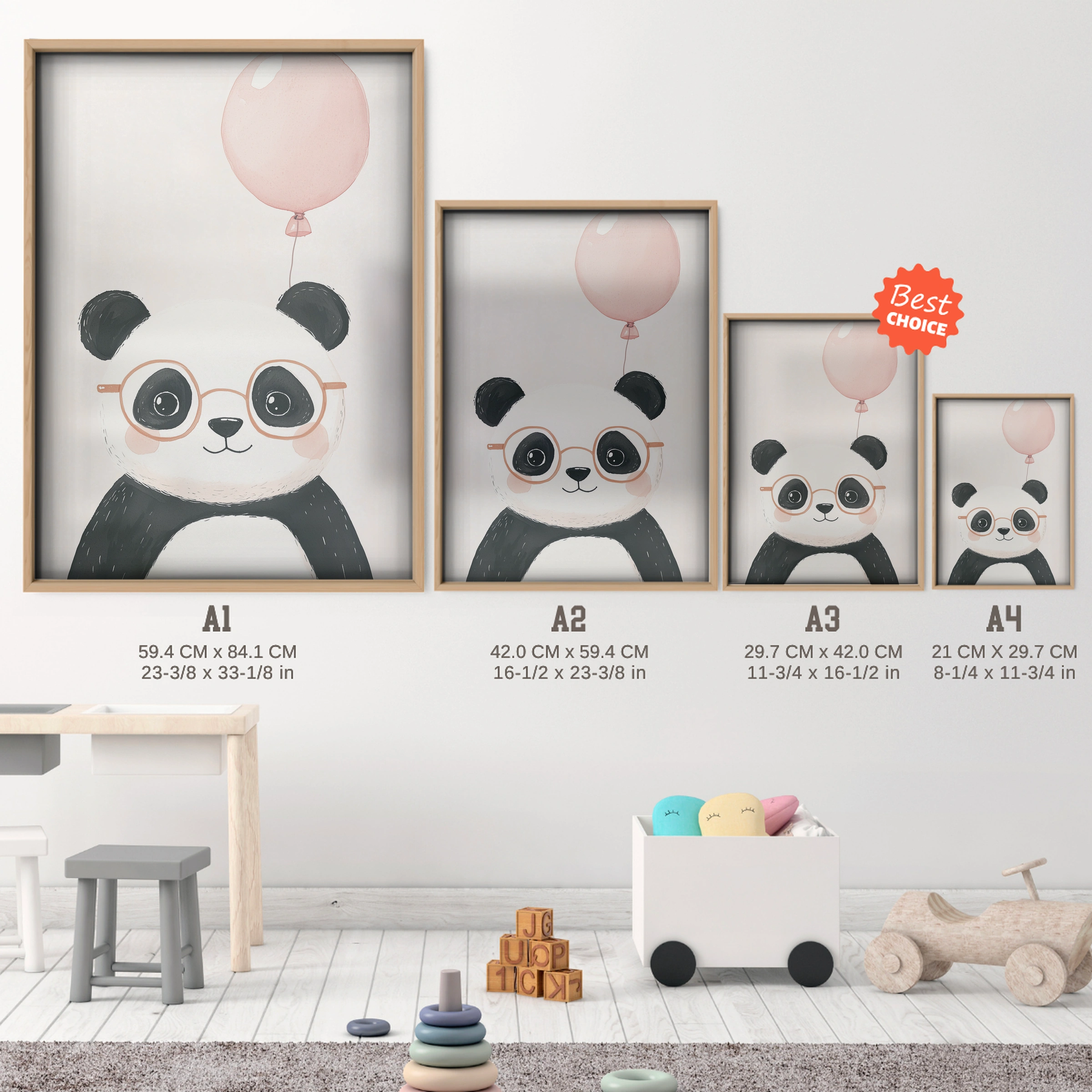 Panda with Balloon Nursery Print - size guide A4 A3 A2 A1 nursery print