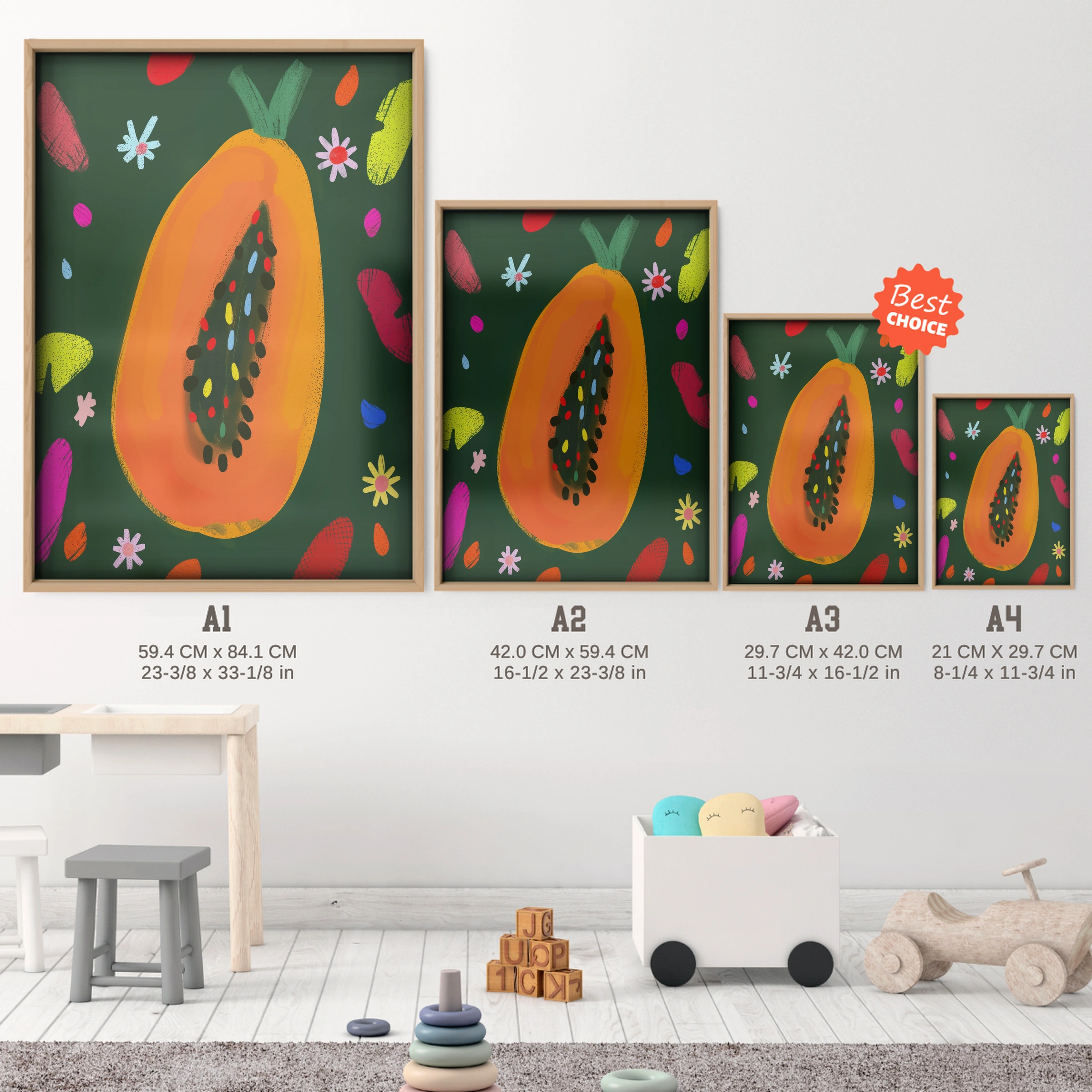 Papaya Nursery Print - size guide A4 A3 A2 A1 nursery print