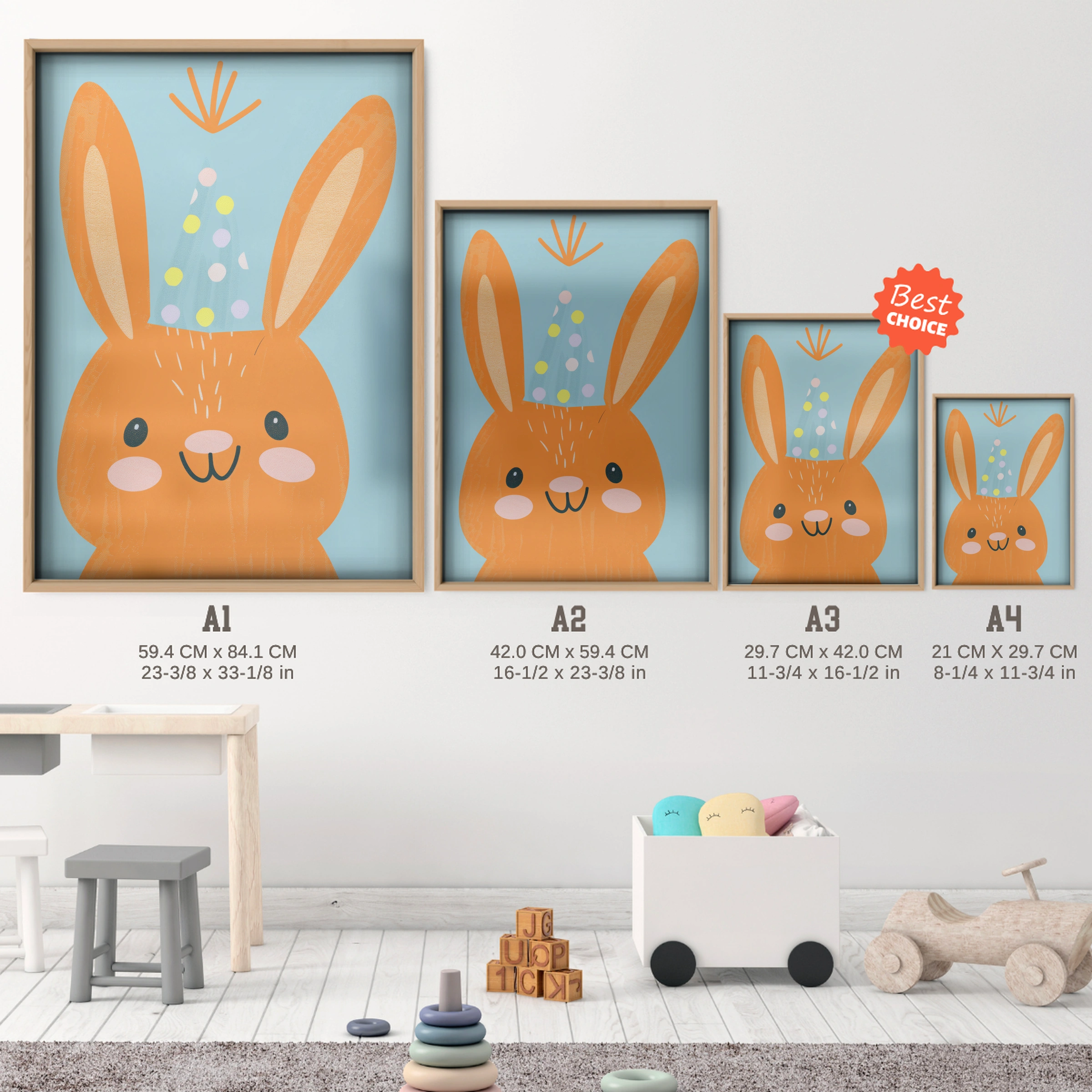 Party Bunny Nursery Print - size guide A4 A3 A2 A1 nursery print