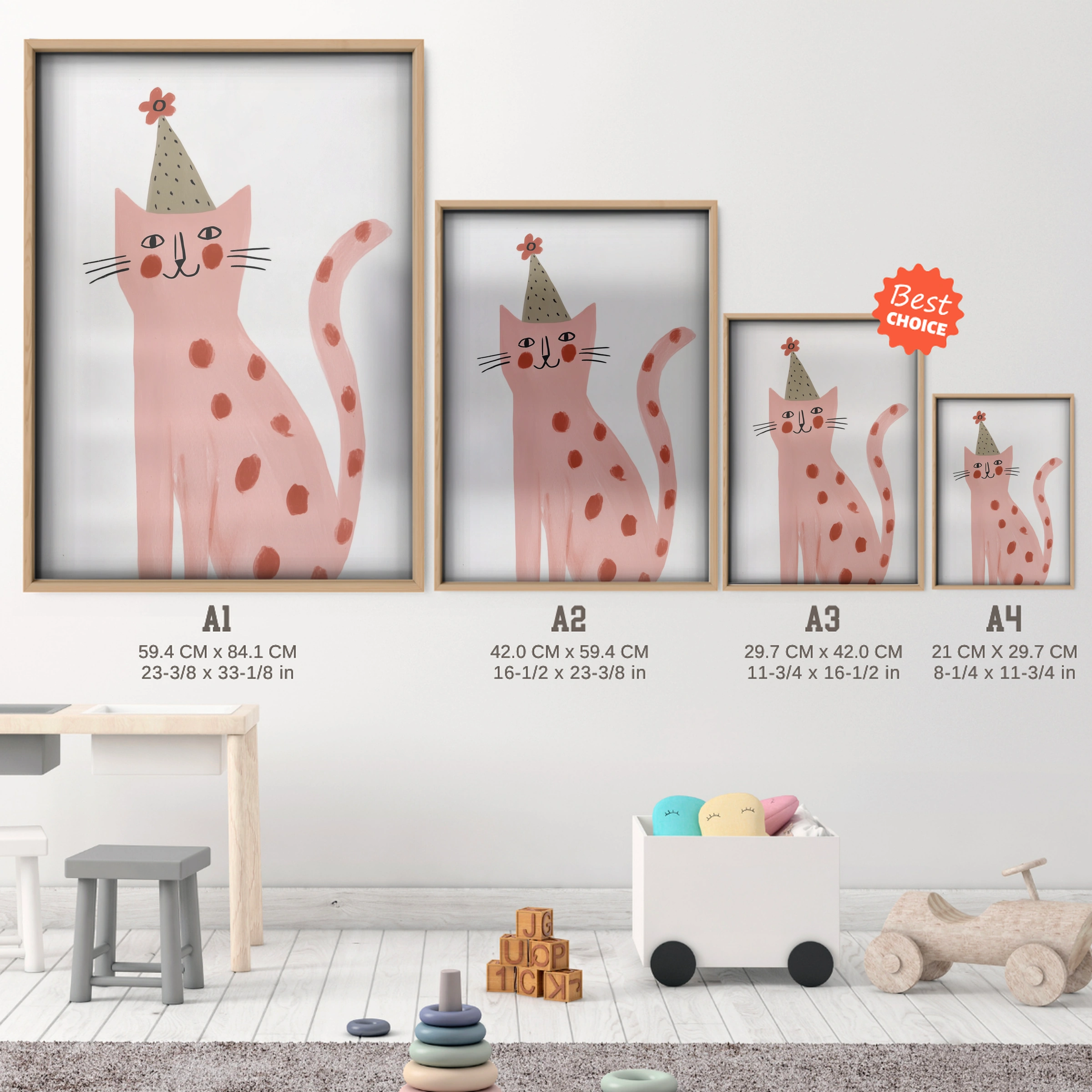 Party Cat Nursery Print - size guide A4 A3 A2 A1 nursery print