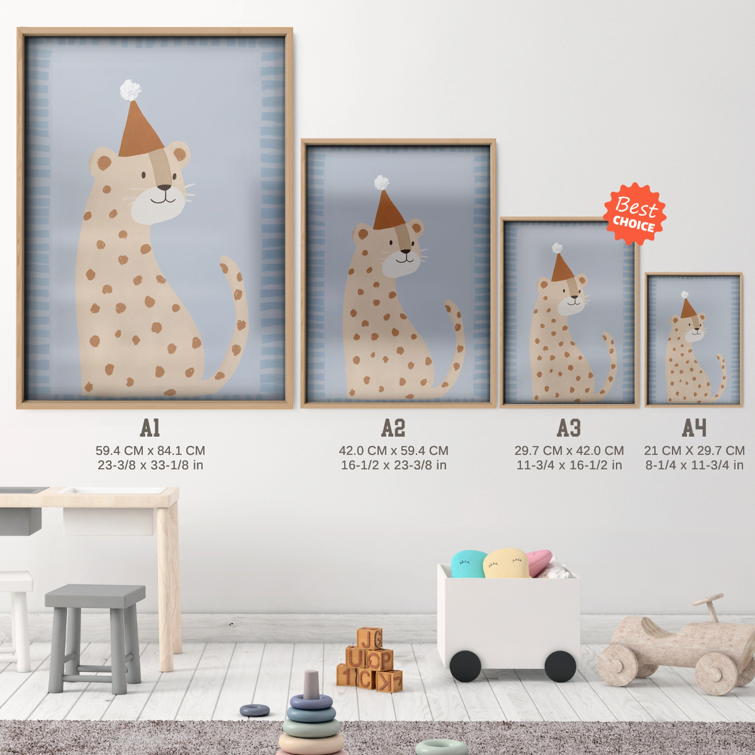 Party Cheetah Nursery Print - size guide A4 A3 A2 A1 nursery print