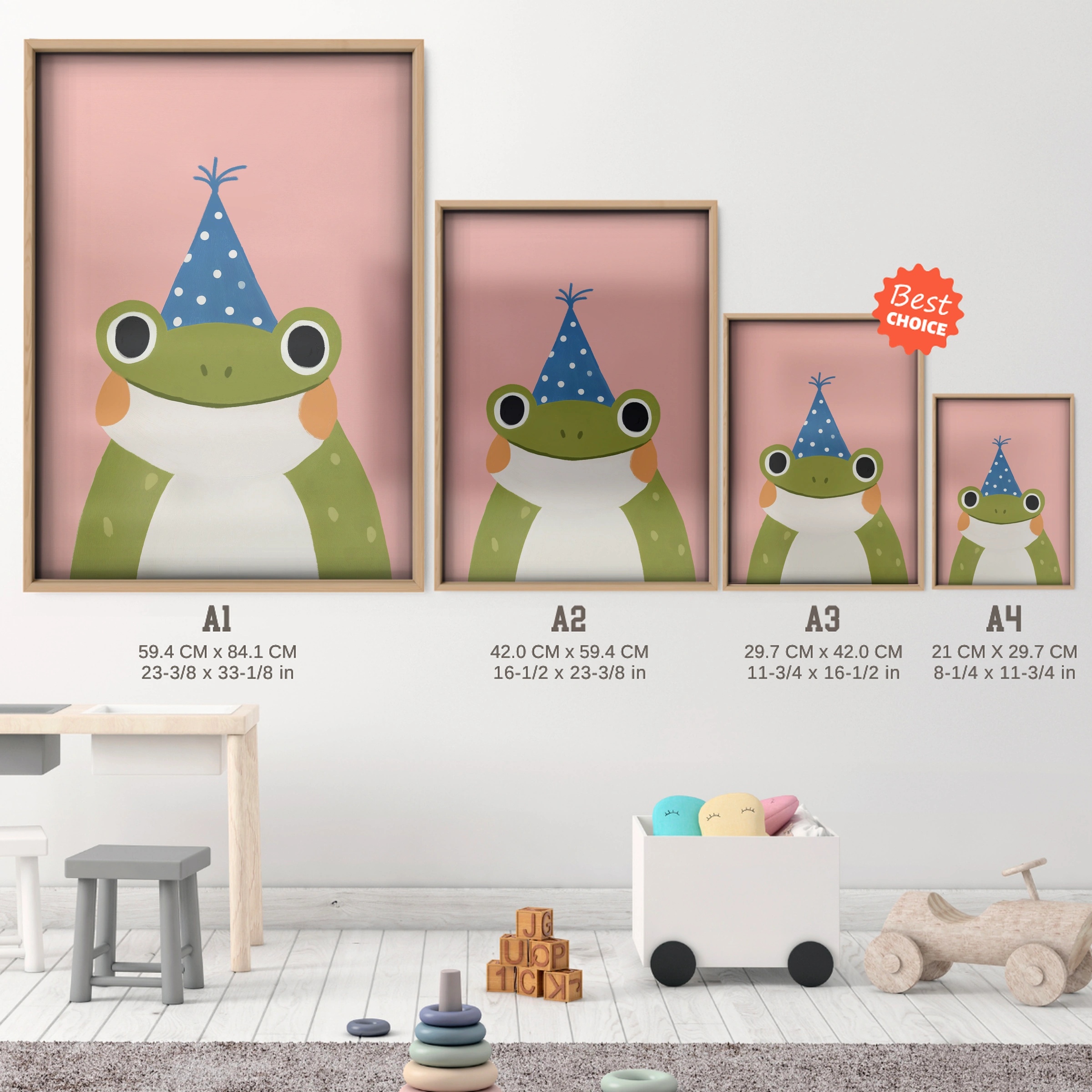 Party Frog Green Nursery Print - size guide A4 A3 A2 A1 nursery print
