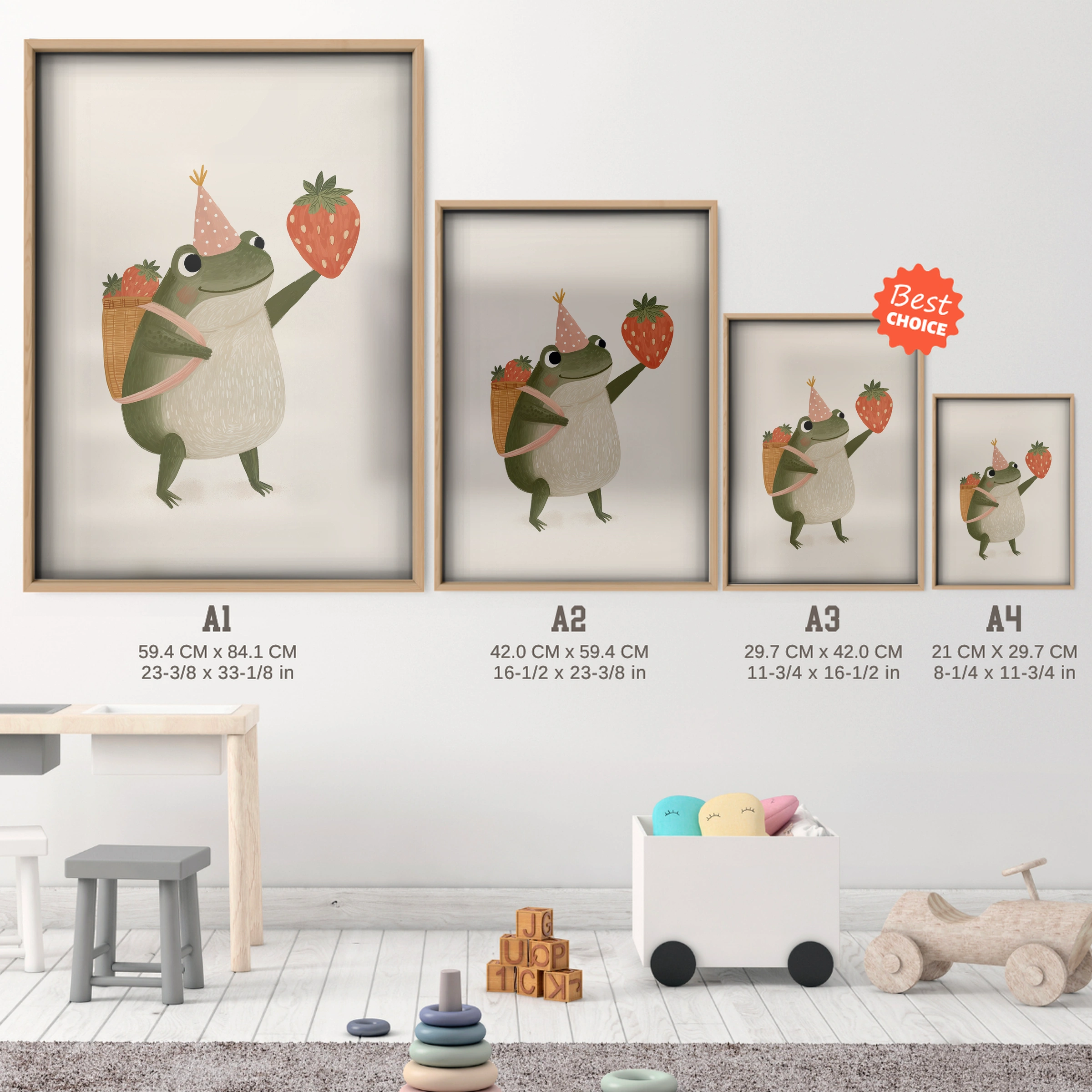 Party Frog Nursery Print - size guide A4 A3 A2 A1 nursery print