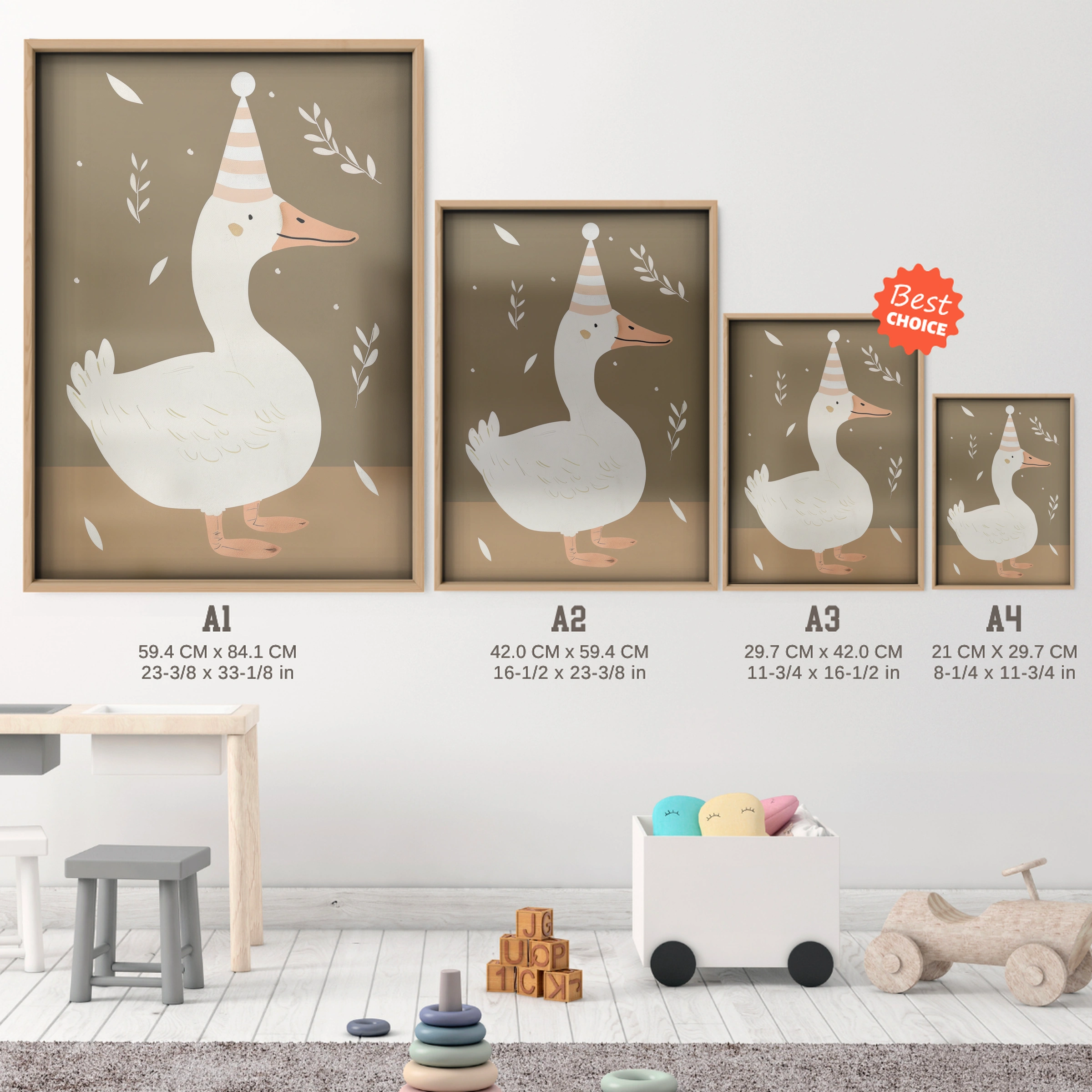 Party Goose Nursery Print - size guide A4 A3 A2 A1 nursery print