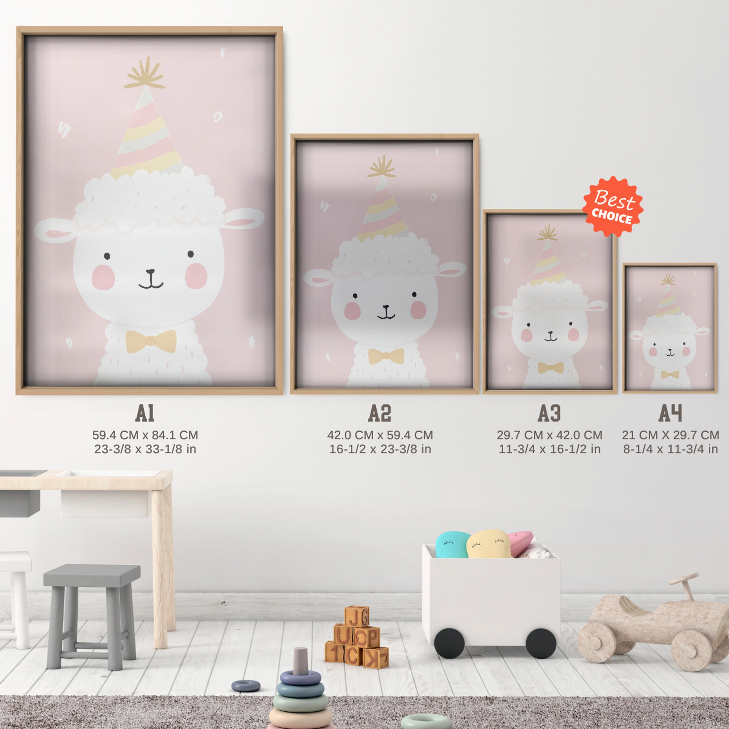 Party Llama Nursery Print - size guide A4 A3 A2 A1 nursery print
