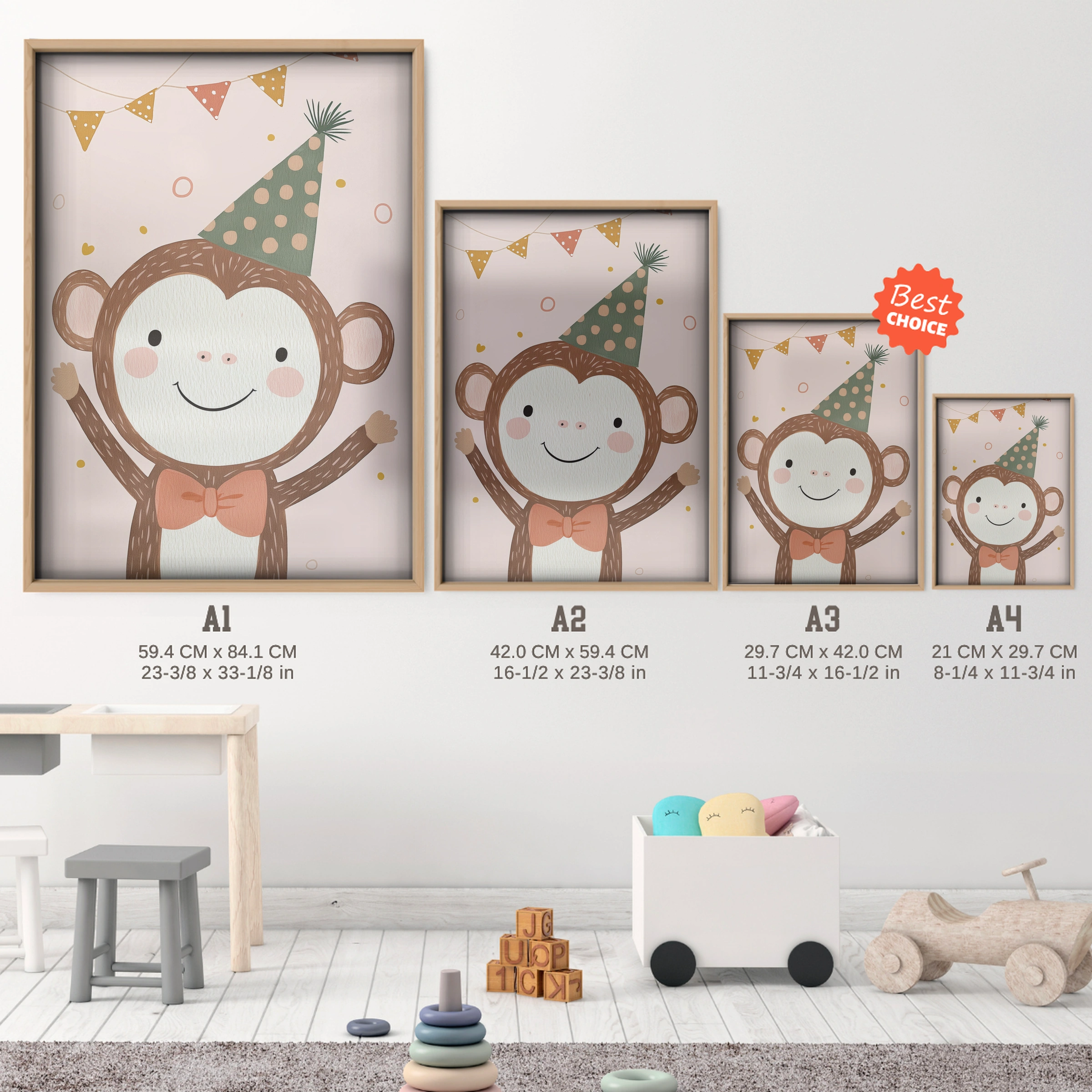 Party Monkey Nursery Print - size guide A4 A3 A2 A1 nursery print