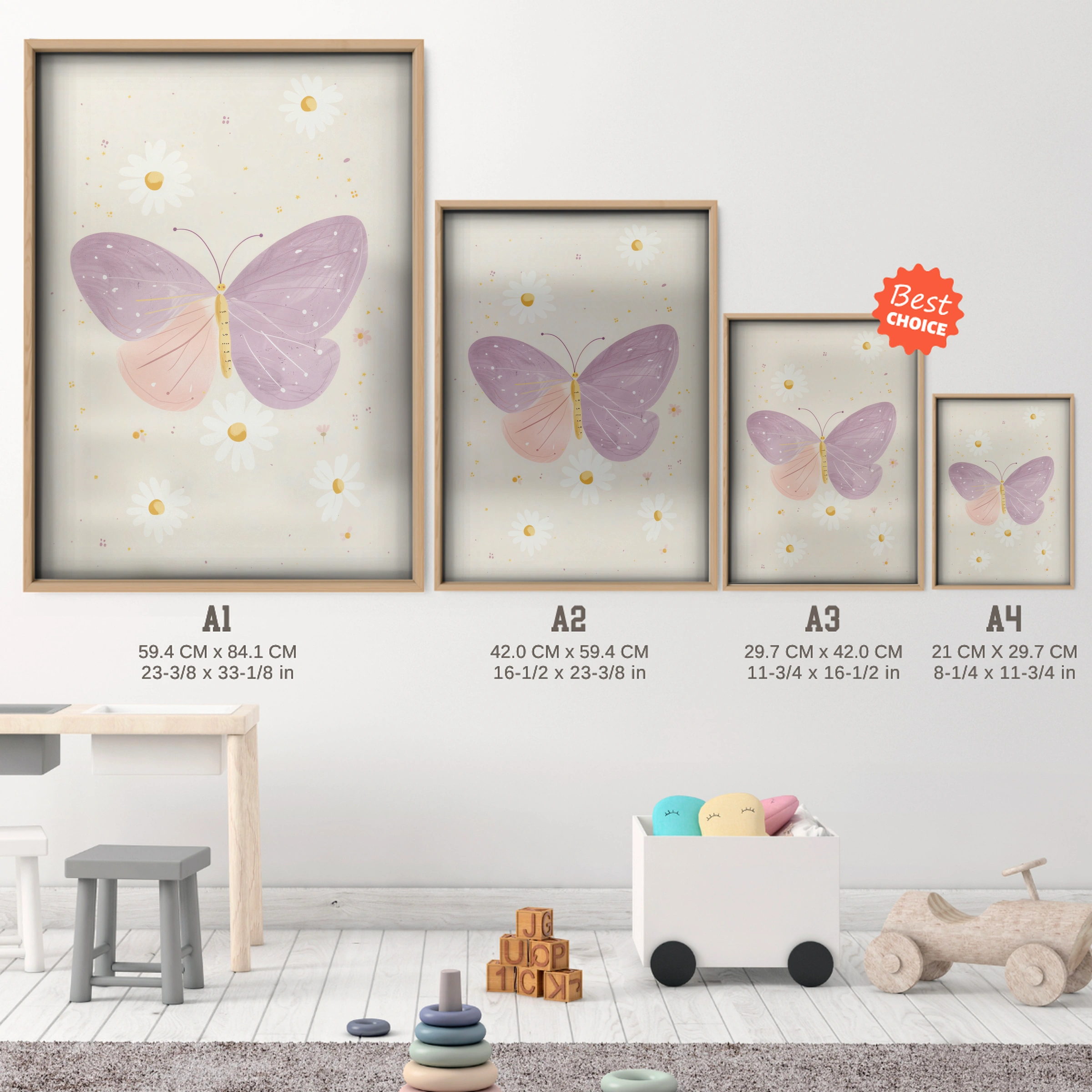 Pastel Butterfly Nursery Print - size guide A4 A3 A2 A1 nursery print