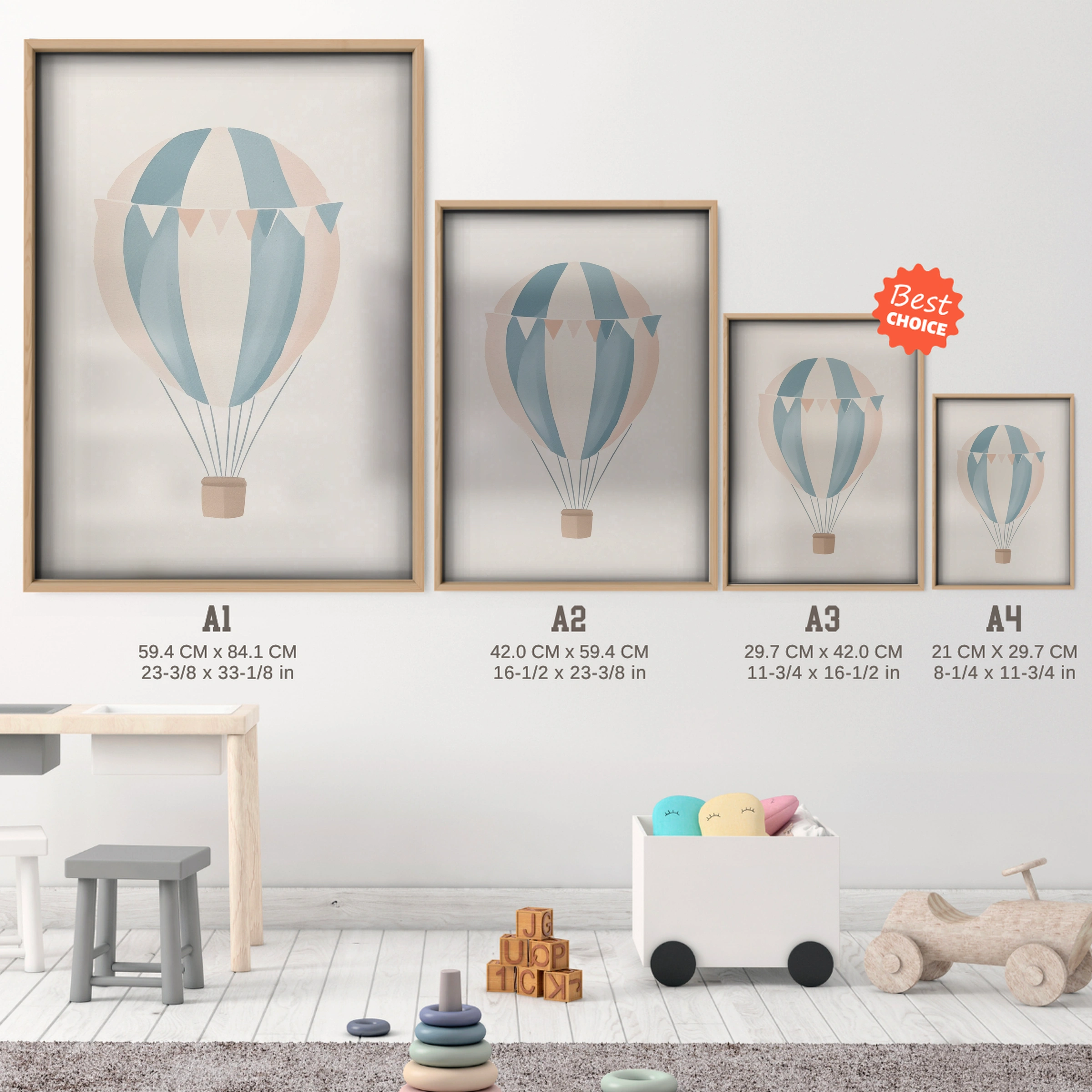 Pastel Hot Air Balloon Nursery Print - size guide A4 A3 A2 A1 nursery print