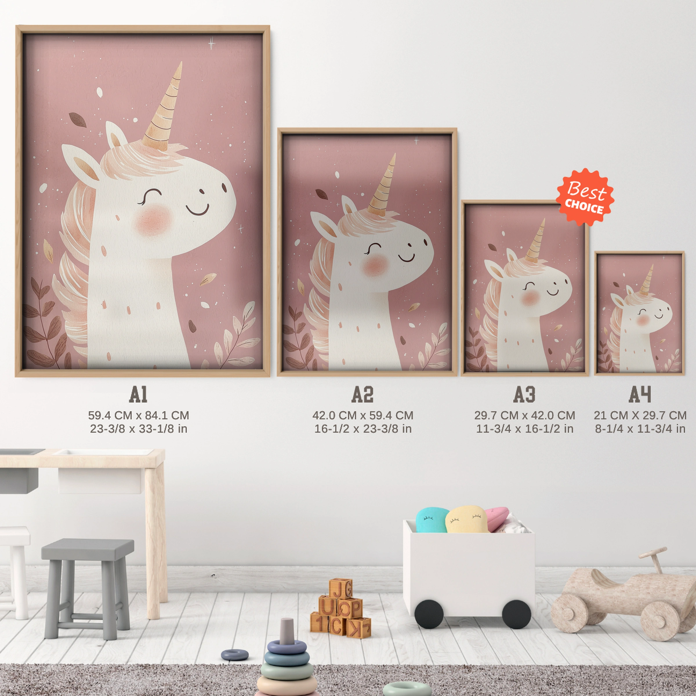 Pastel Unicorn Nursery Print - size guide A4 A3 A2 A1 nursery print