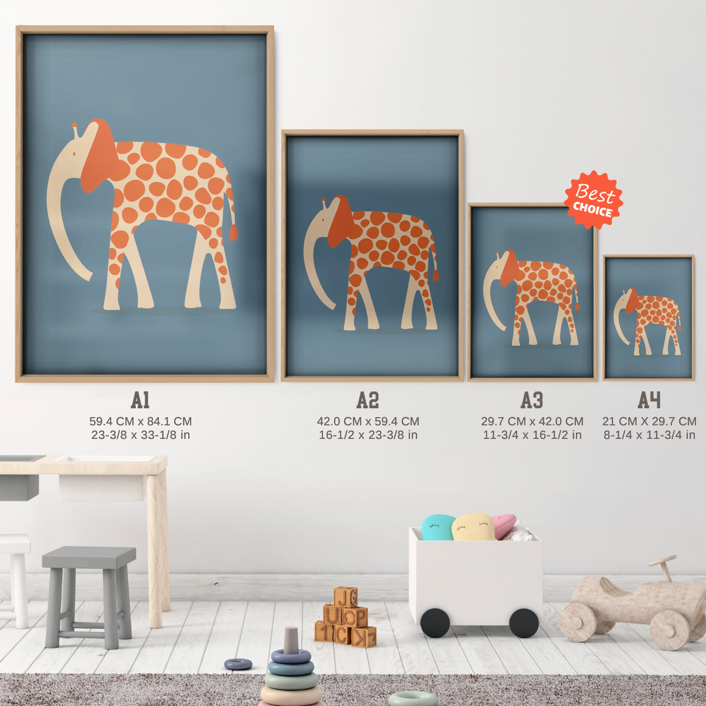 Patterned Elephant Nursery Print - size guide A4 A3 A2 A1 nursery print