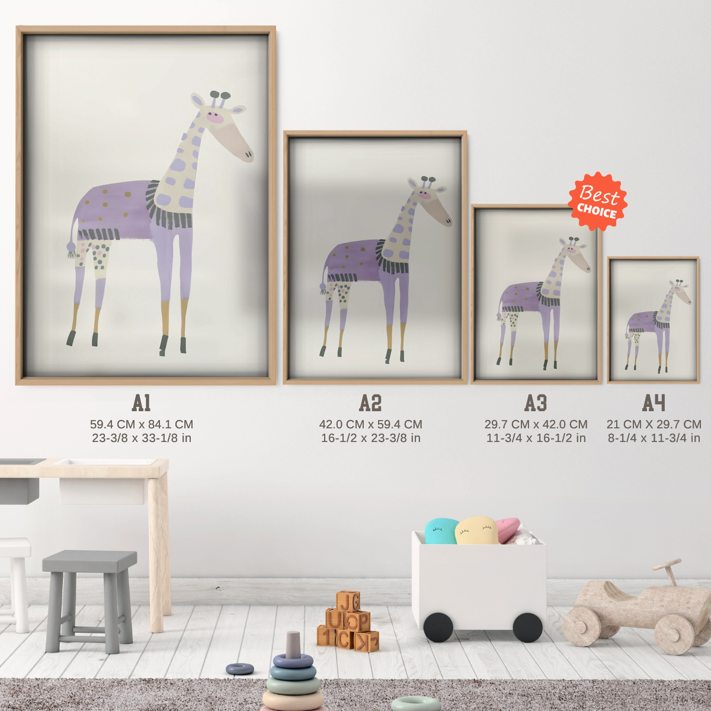 Patterned Giraffe Nursery Print - size guide A4 A3 A2 A1 nursery print
