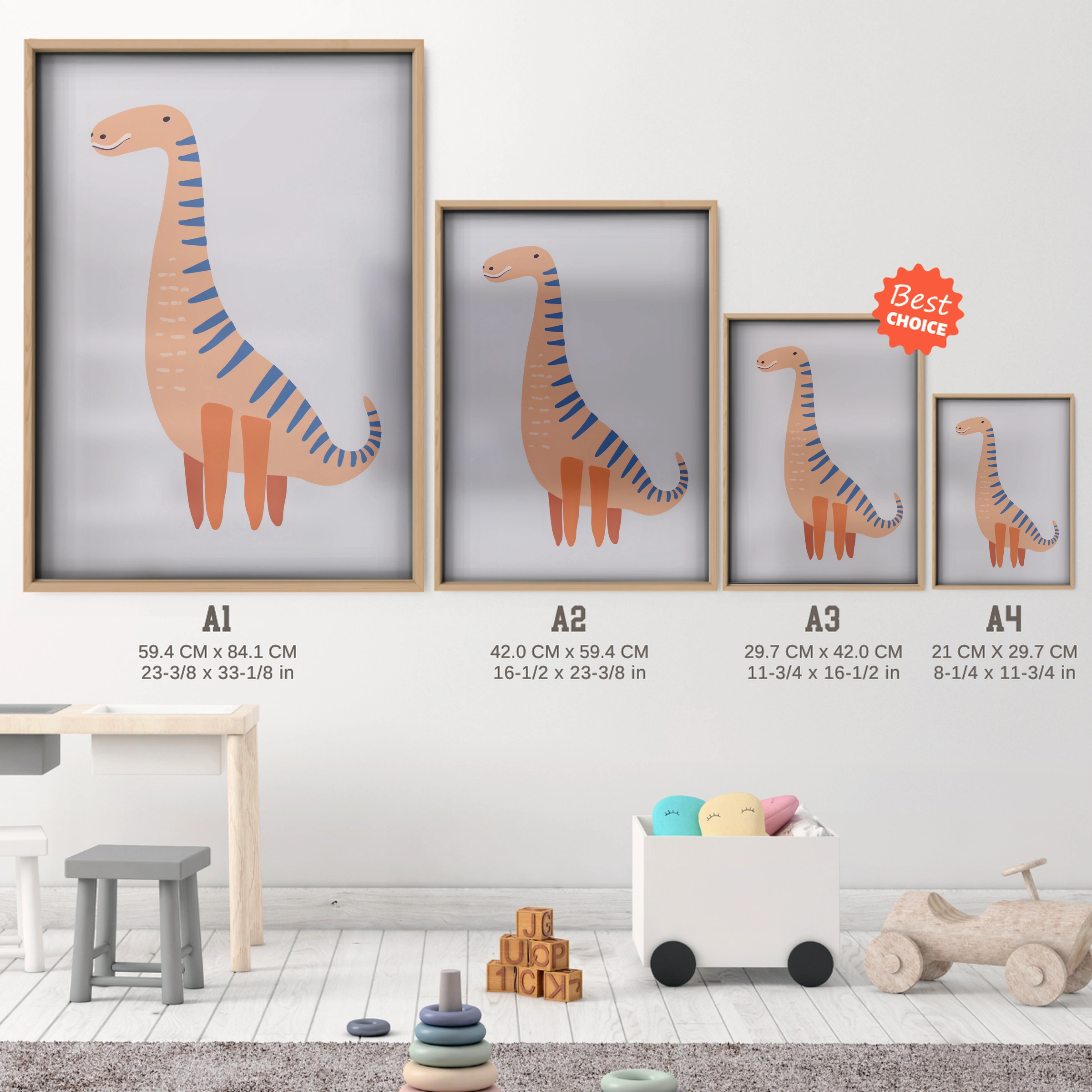 Peach Dinosaur Nursery Print - size guide A4 A3 A2 A1 nursery print
