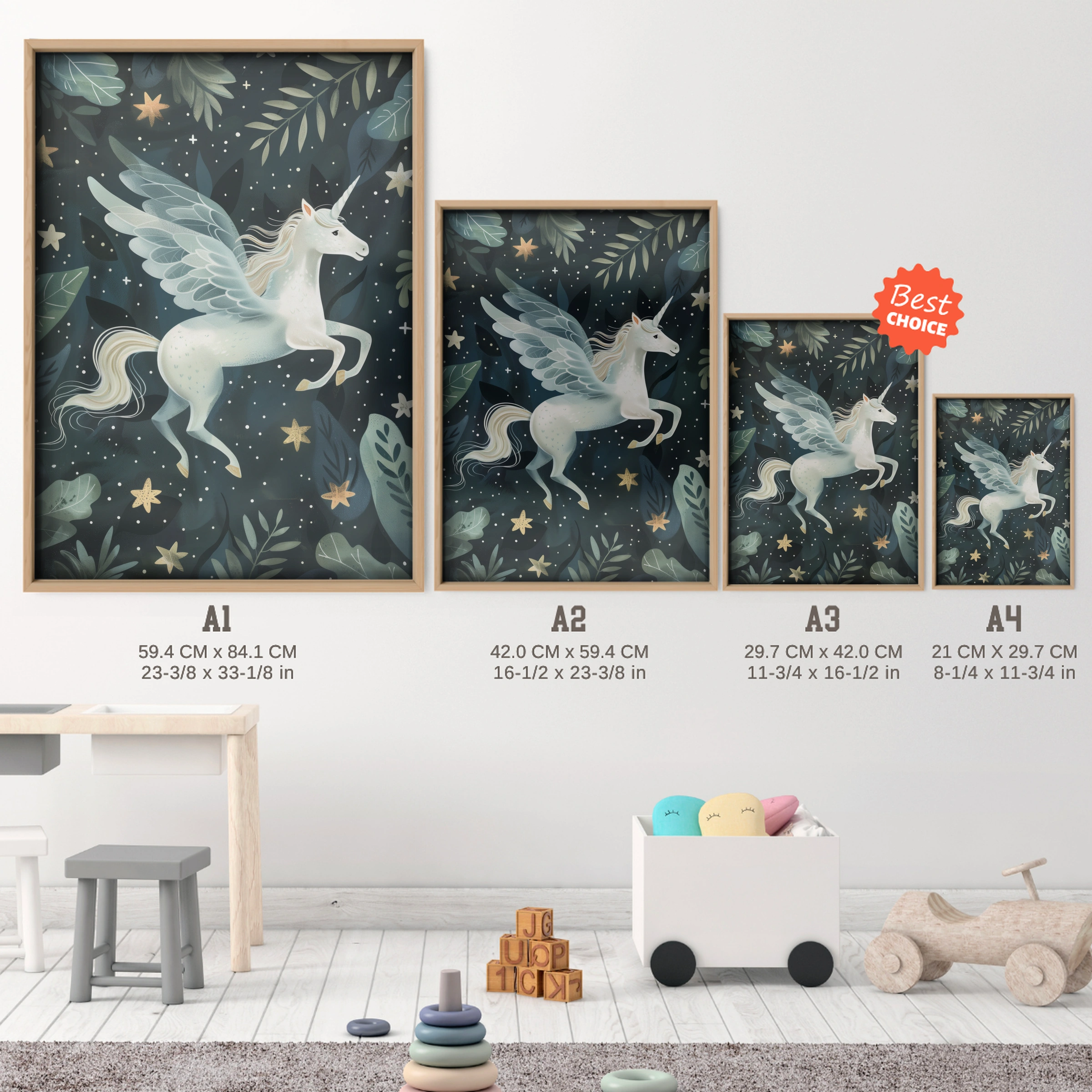 Pegasus in the Stars Nursery Print - size guide A4 A3 A2 A1 nursery print