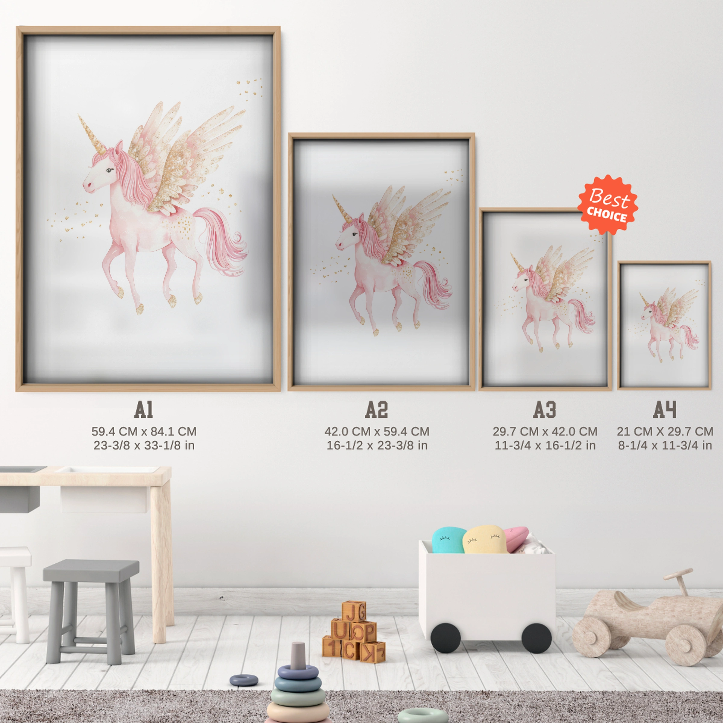 Pegasus Unicorn Nursery Print - size guide A4 A3 A2 A1 nursery print