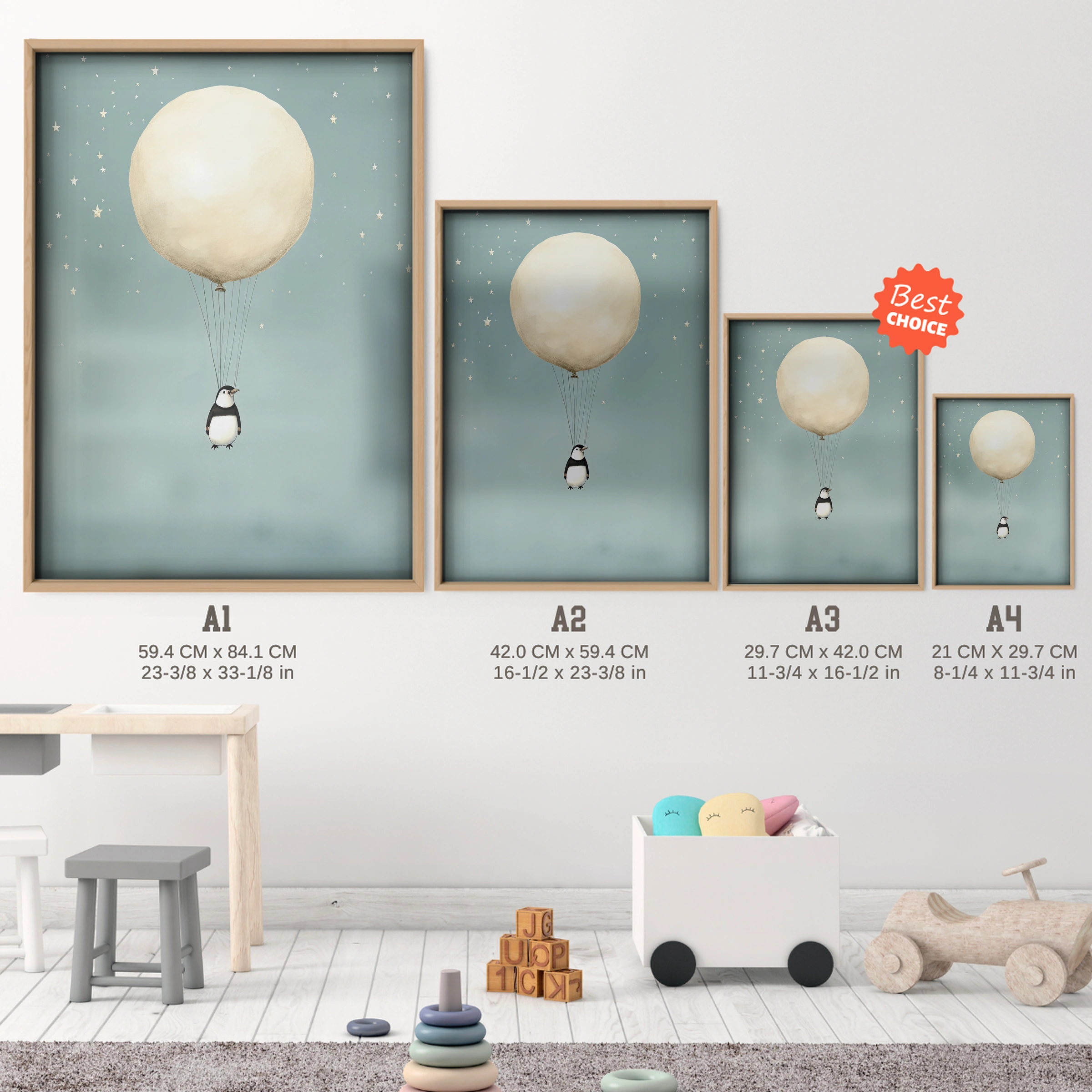 Penguin Balloon Nursery Print - size guide A4 A3 A2 A1 nursery print