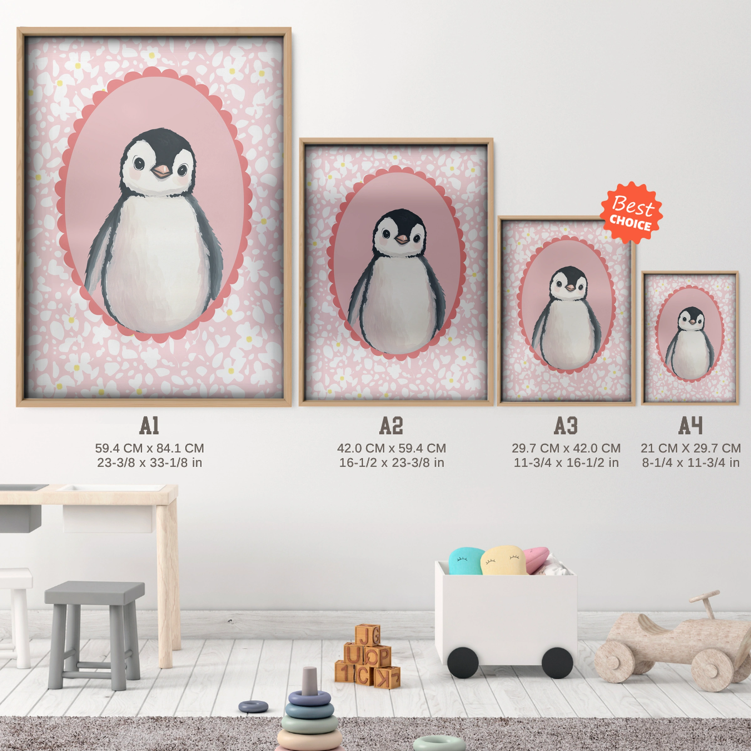 Penguin Cameo Nursery Print - size guide A4 A3 A2 A1 nursery print