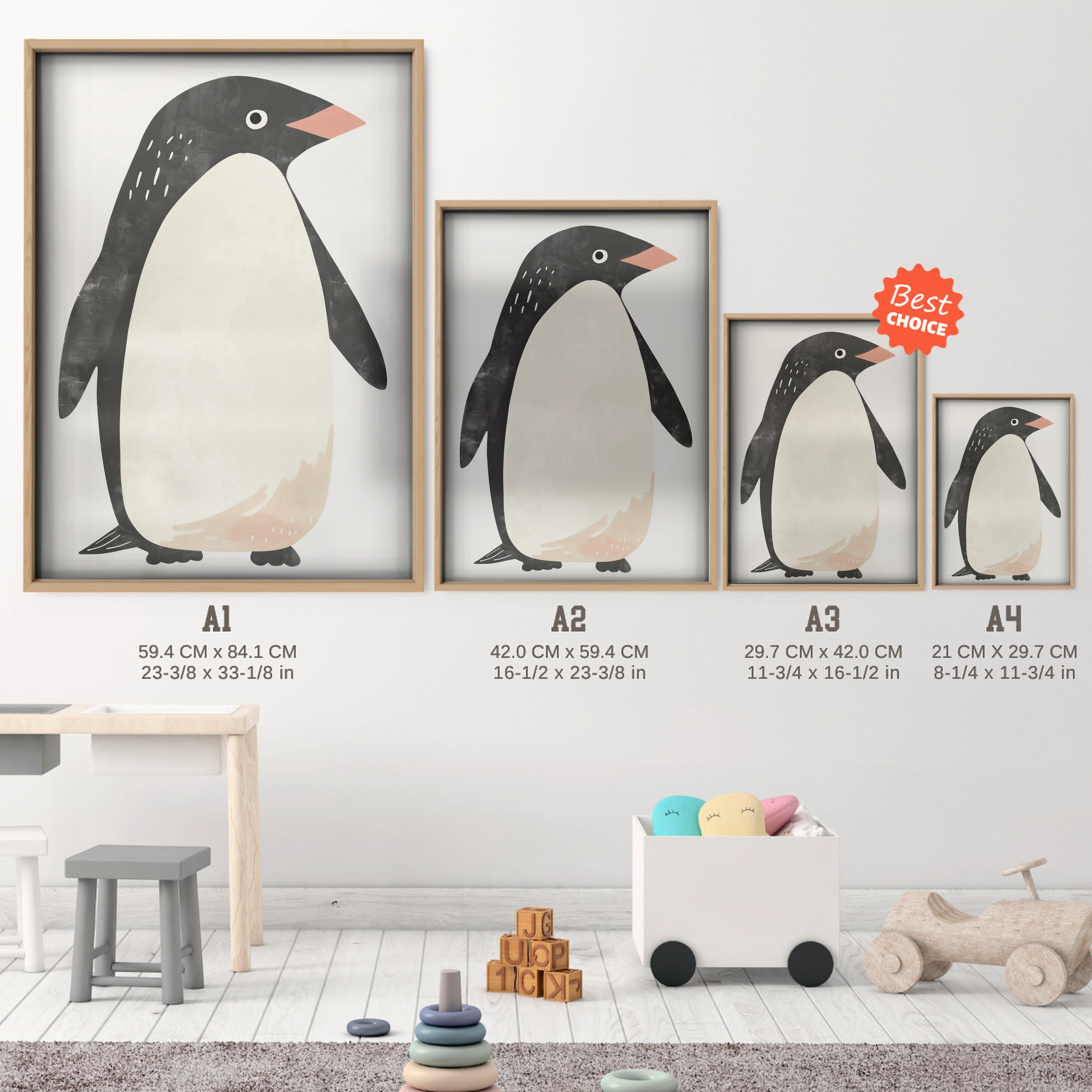 Penguin Nursery Print - size guide A4 A3 A2 A1 nursery print