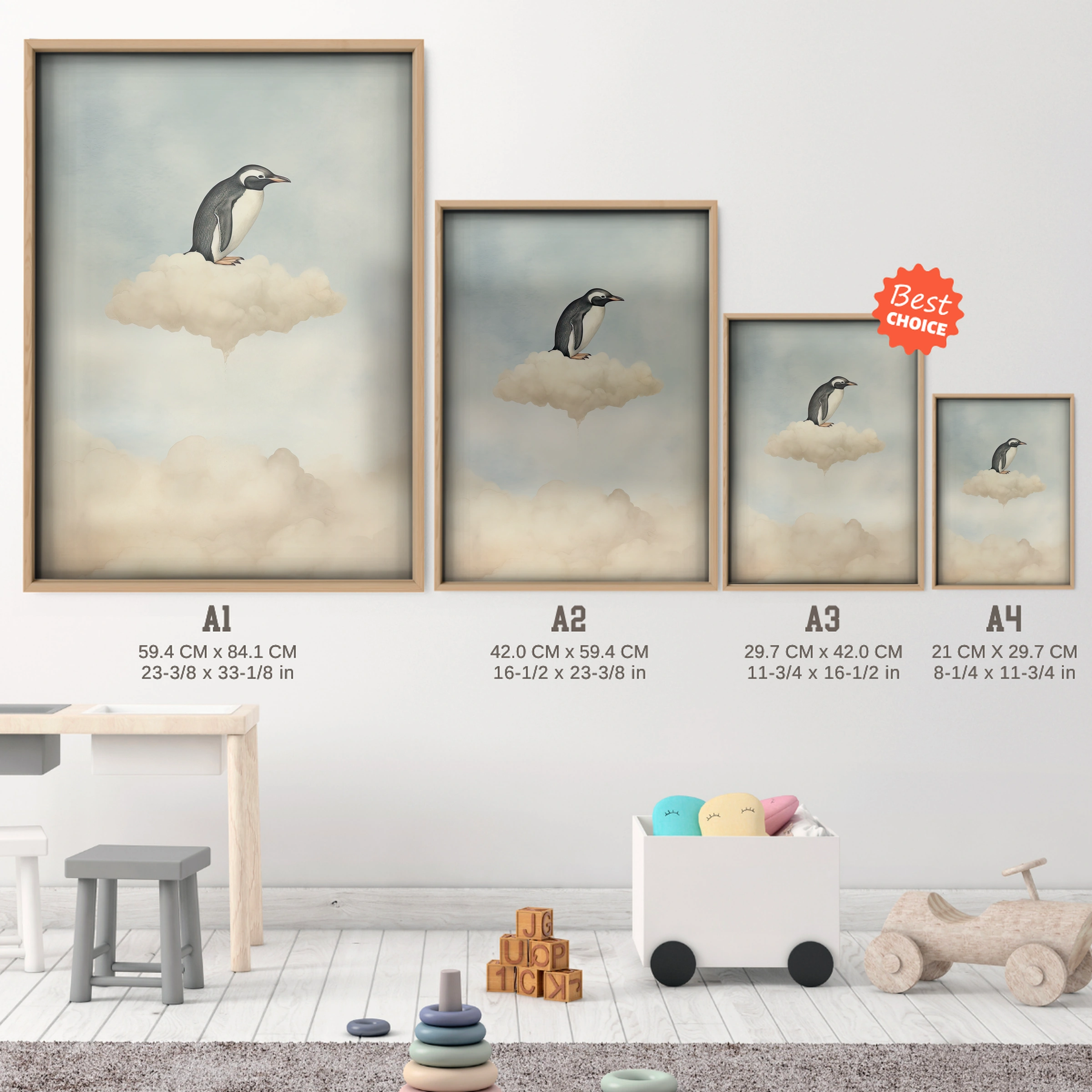 Penguin on a Cloud Nursery Print - size guide A4 A3 A2 A1 nursery print