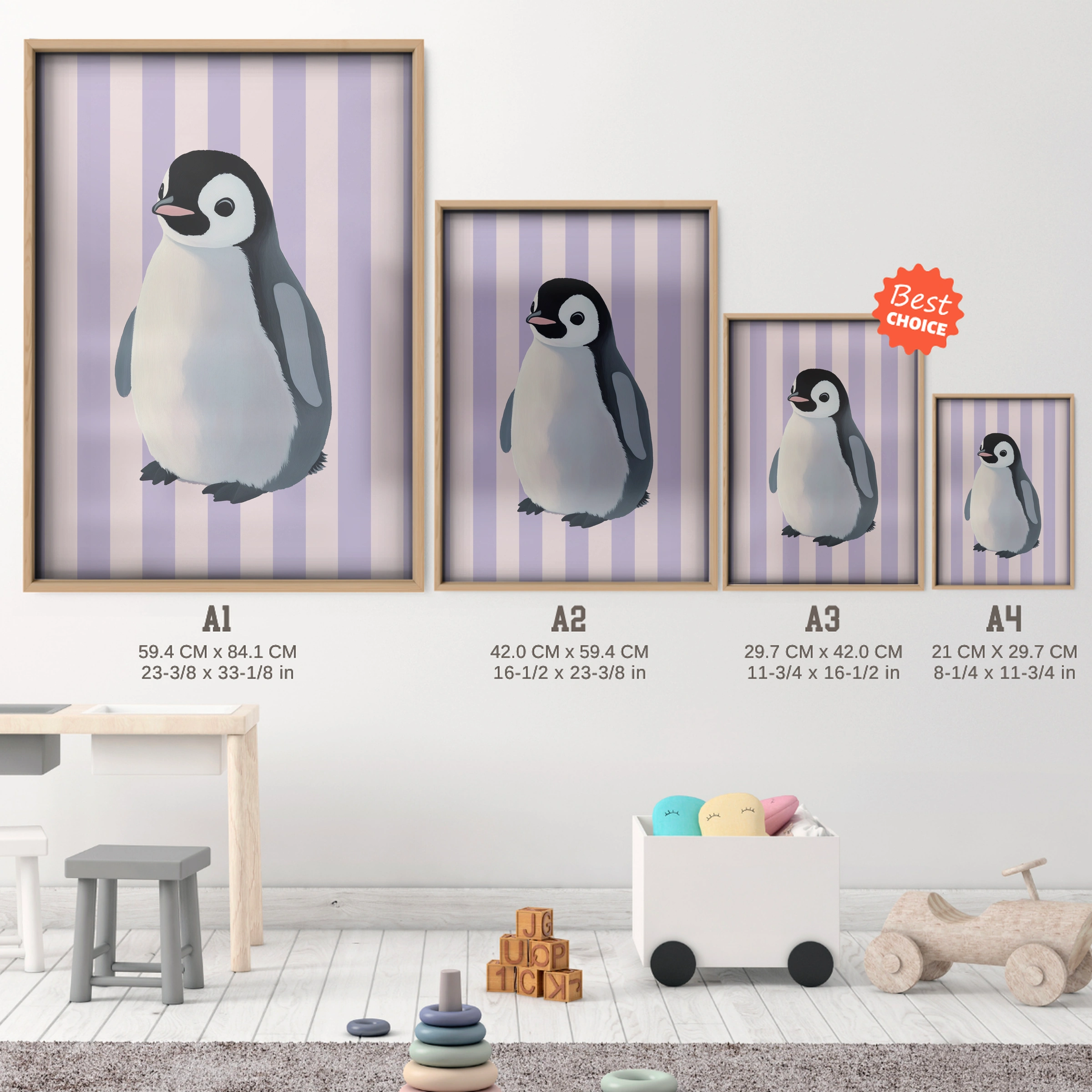 Penguin on Stripes Nursery Print - size guide A4 A3 A2 A1 nursery print