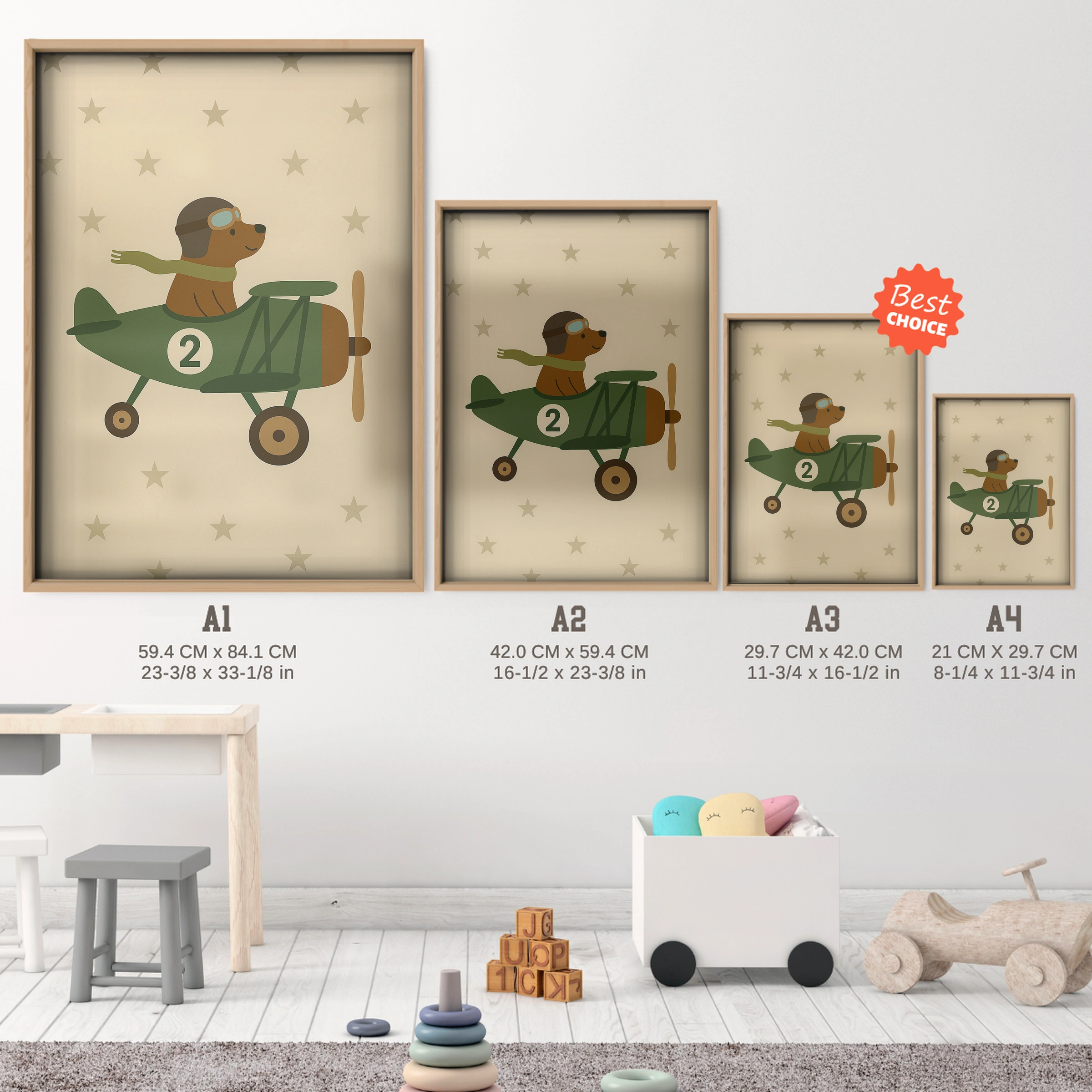 Pilot Dog in a Plane Nursery Print - size guide A4 A3 A2 A1 nursery print