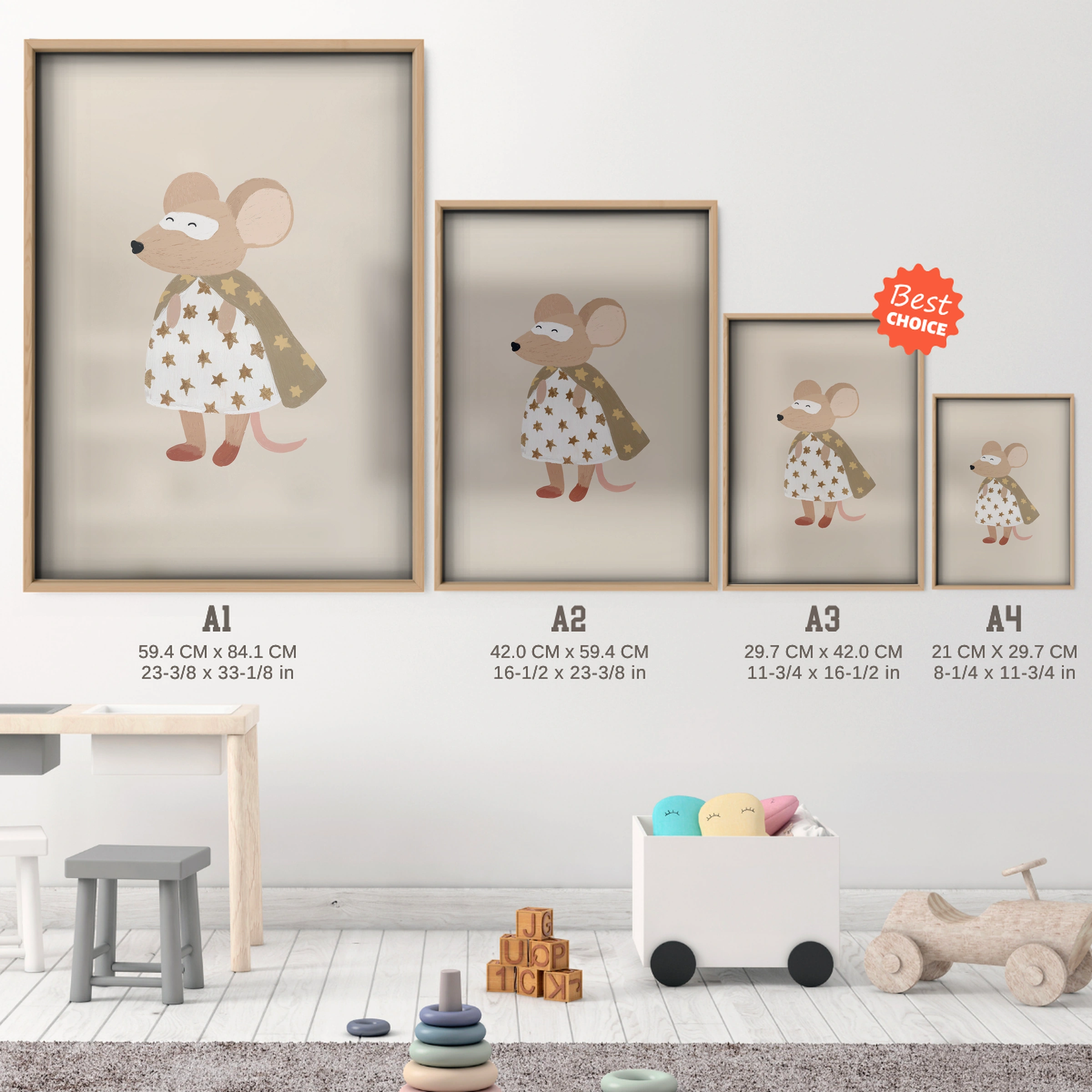 Pinafore Mouse Nursery Print - size guide A4 A3 A2 A1 nursery print