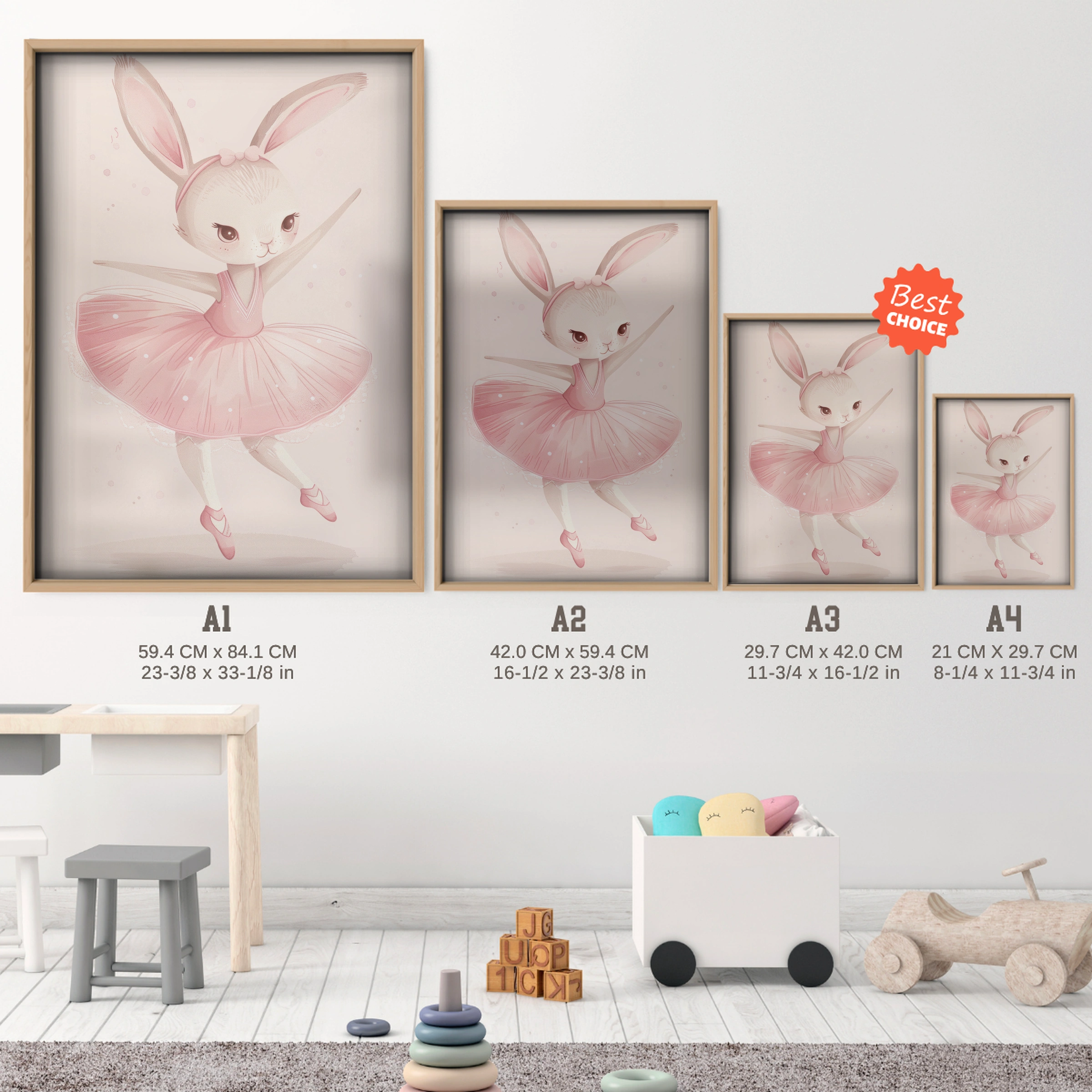 Pink Ballerina Bunny Nursery Print - size guide A4 A3 A2 A1 nursery print