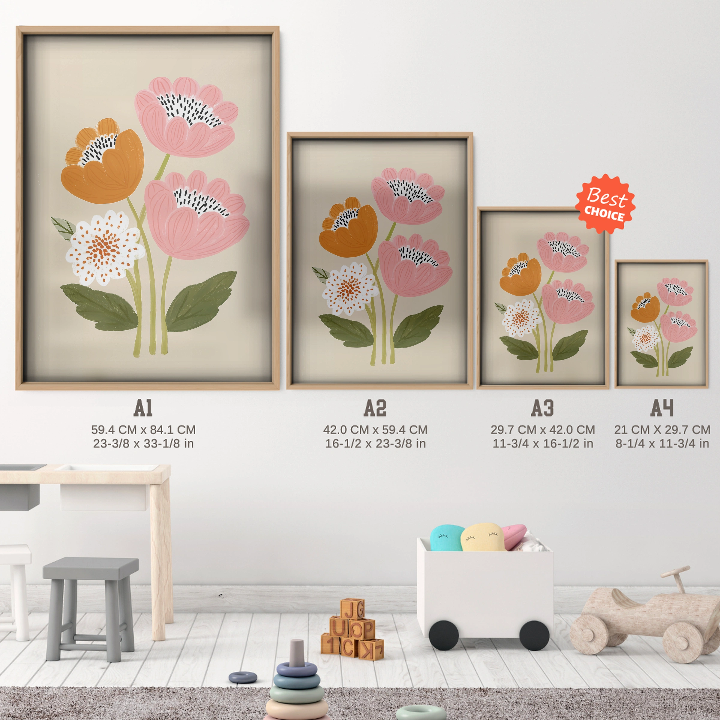 Pink Blooms Nursery Print - size guide A4 A3 A2 A1 nursery print