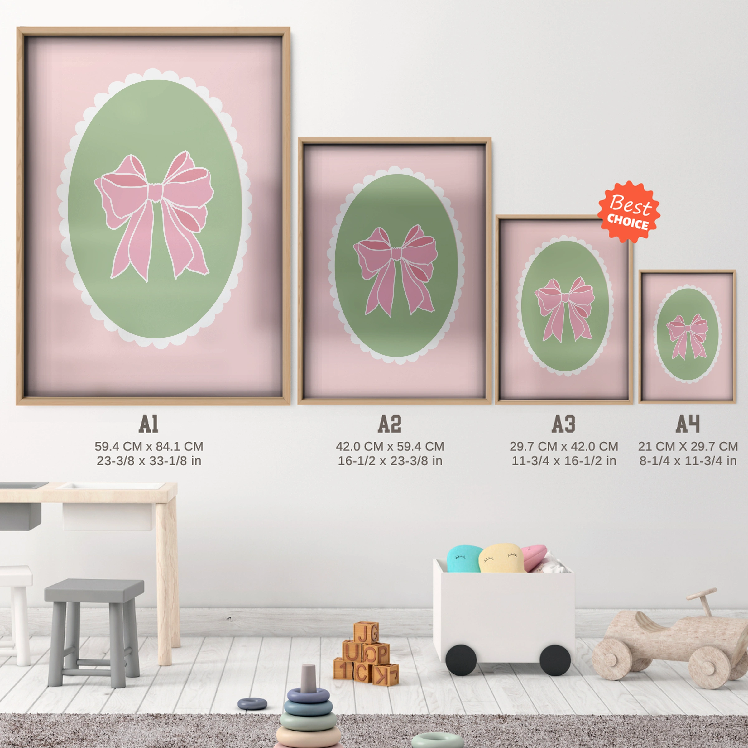 Pink Bow Cameo Green Nursery Print - size guide A4 A3 A2 A1 nursery print