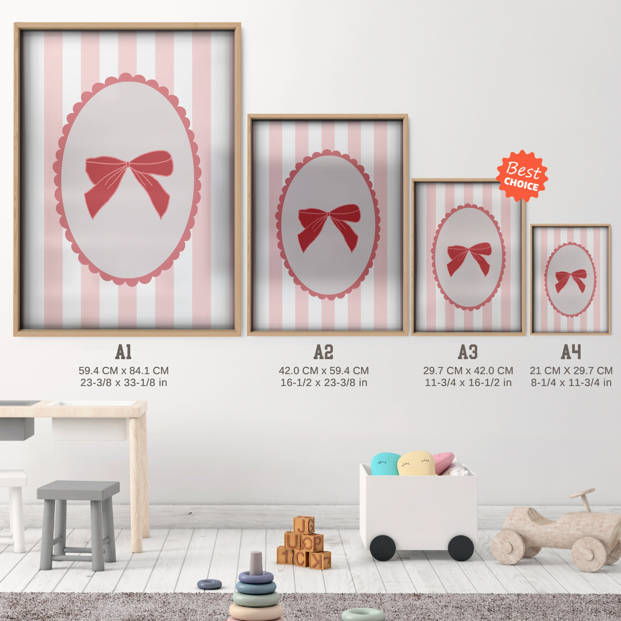 Pink Bow Cameo Nursery Print - size guide A4 A3 A2 A1 nursery print