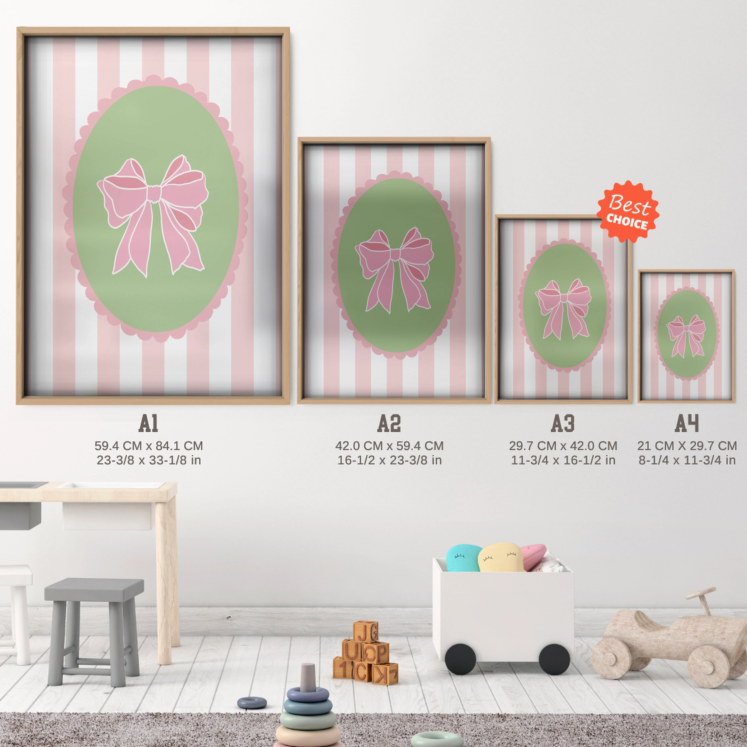 Pink Bow Cameo Three Nursery Print - size guide A4 A3 A2 A1 nursery print