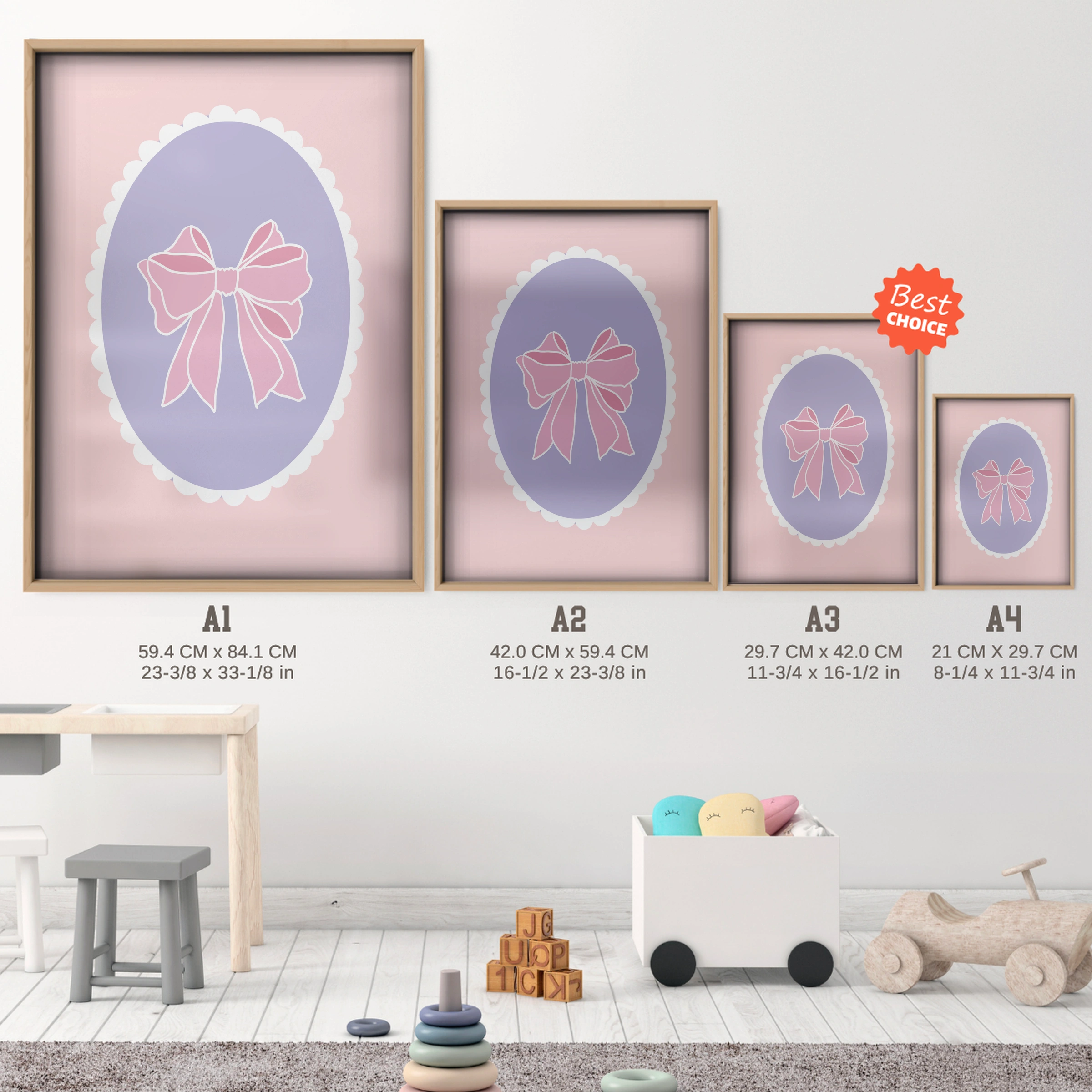 Pink Bow Cameo Two Nursery Print - size guide A4 A3 A2 A1 nursery print