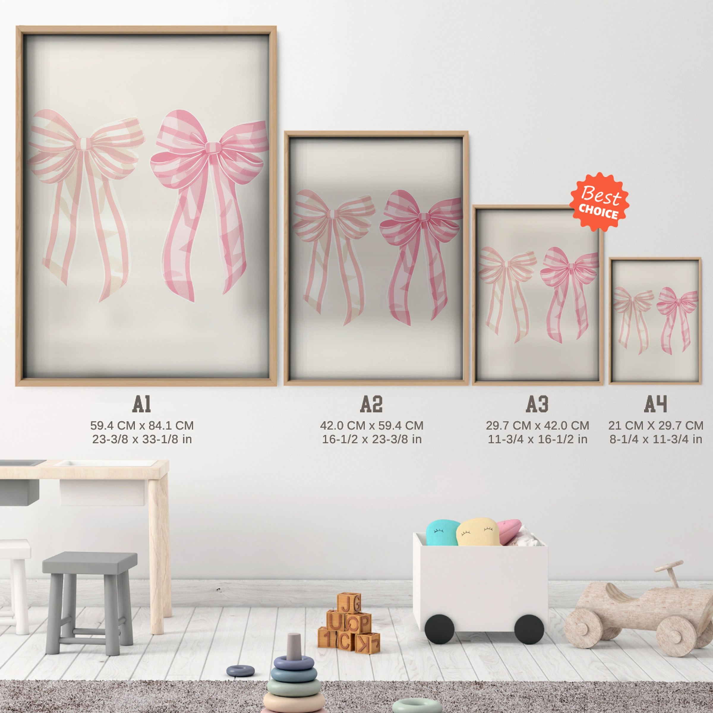 Pink Bows Nursery Print - size guide A4 A3 A2 A1 nursery print