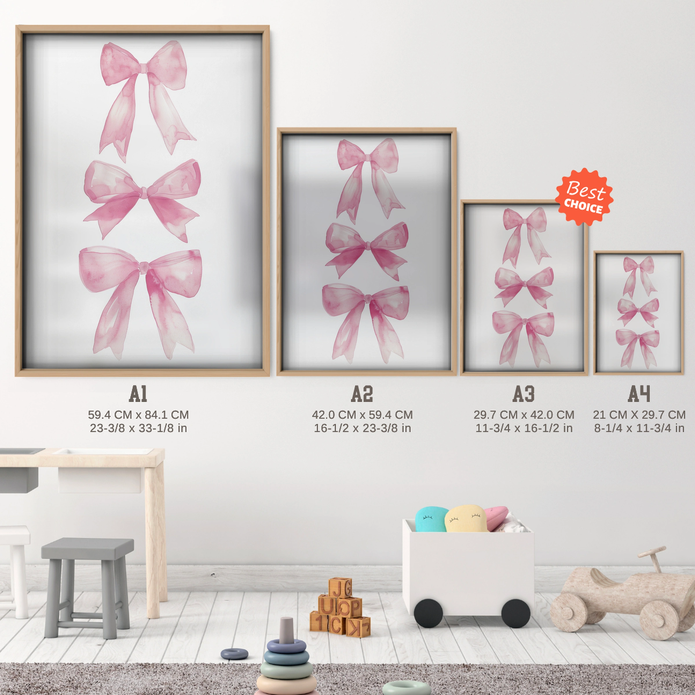 Pink Bows Trio Nursery Print - size guide A4 A3 A2 A1 nursery print