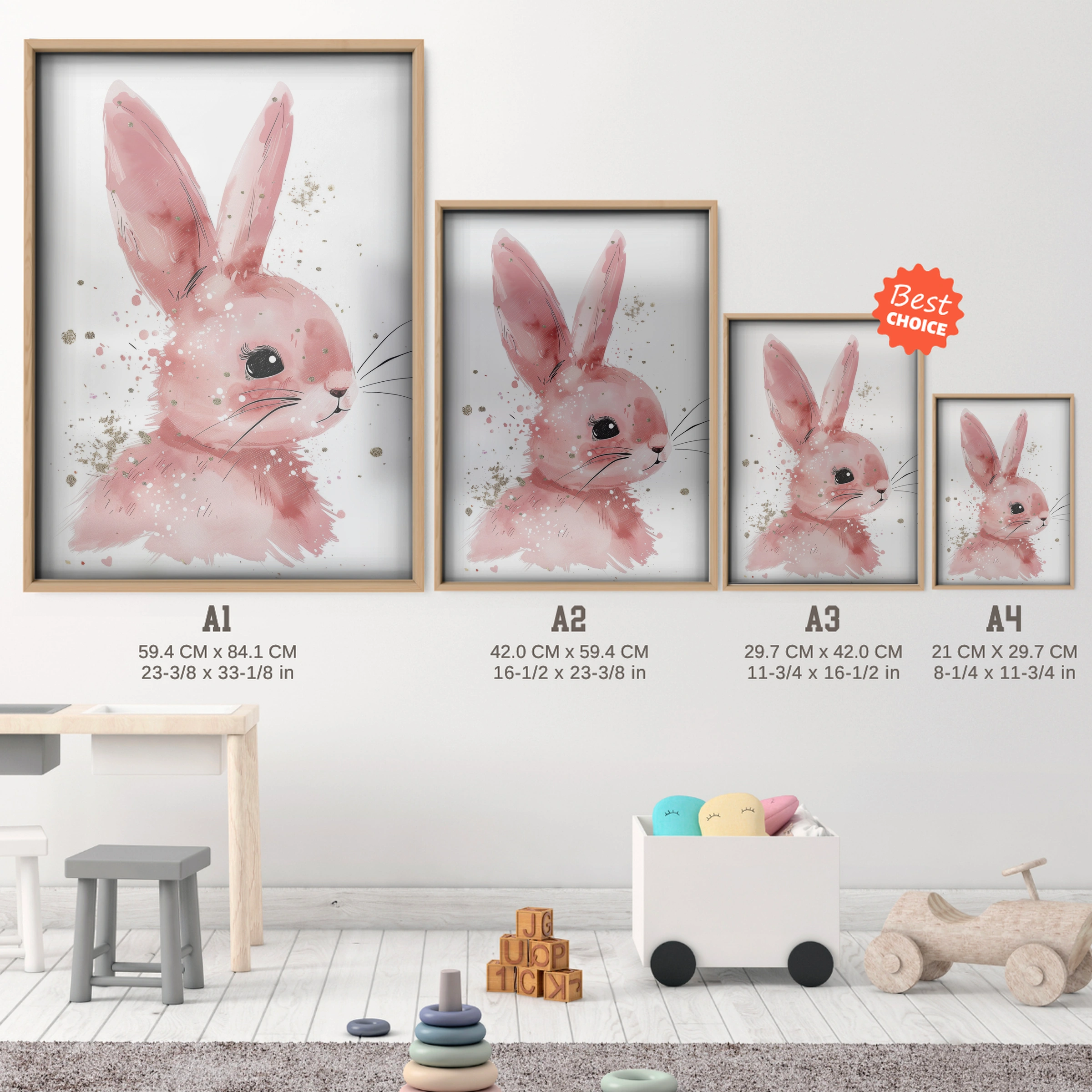 Pink Bunny Nursery Print - size guide A4 A3 A2 A1 nursery print