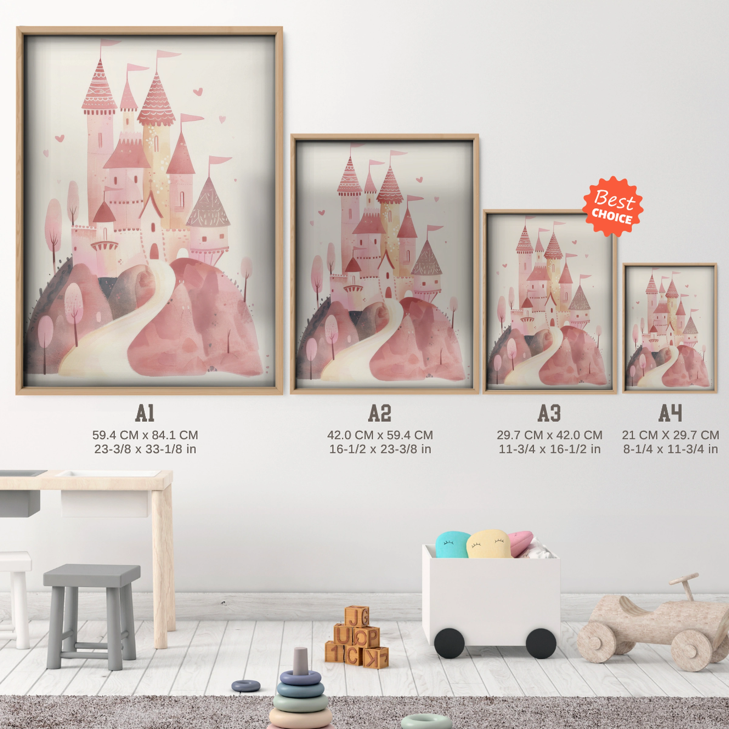 Pink Castle Nursery Print - size guide A4 A3 A2 A1 nursery print