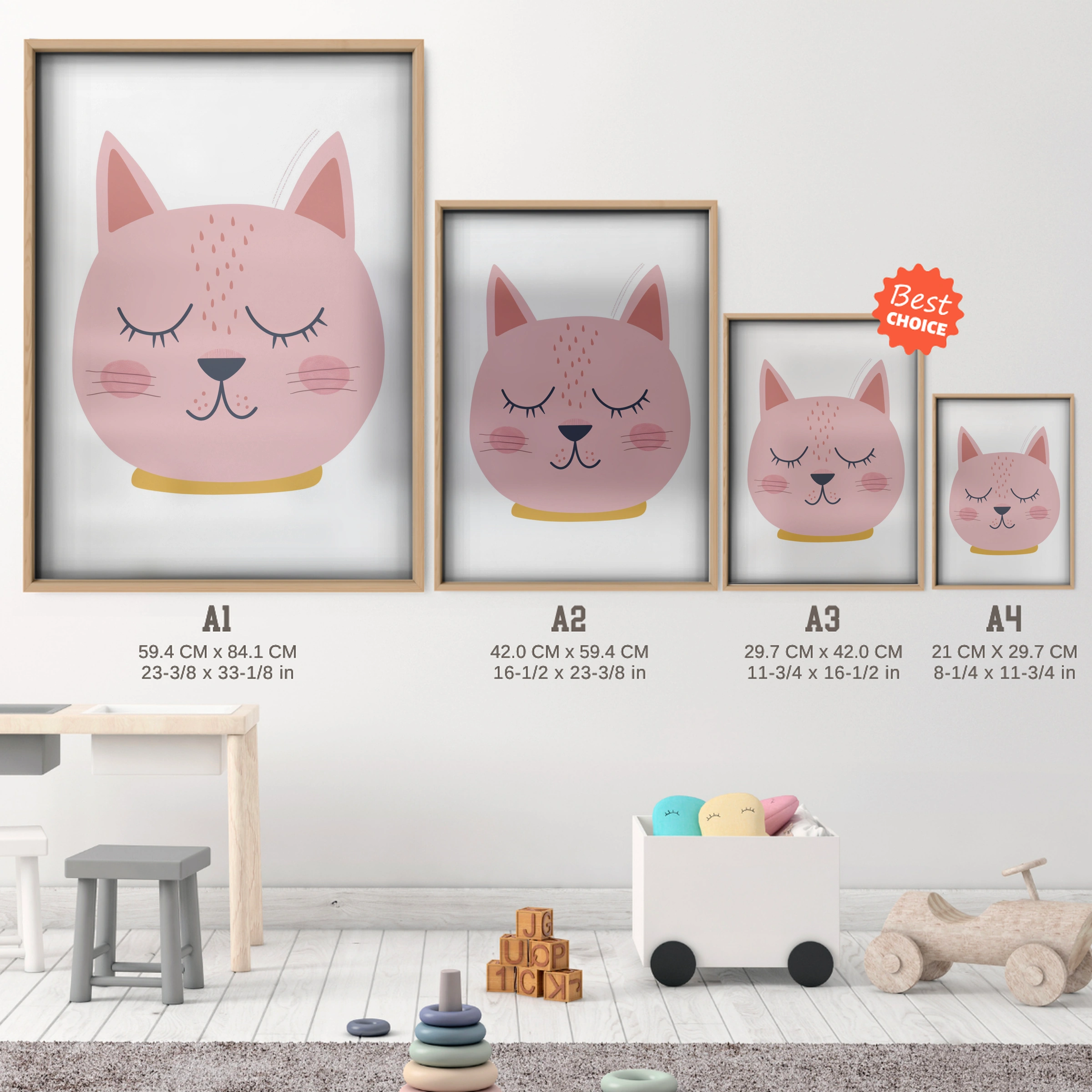 Pink Cat Face Nursery Print - size guide A4 A3 A2 A1 nursery print