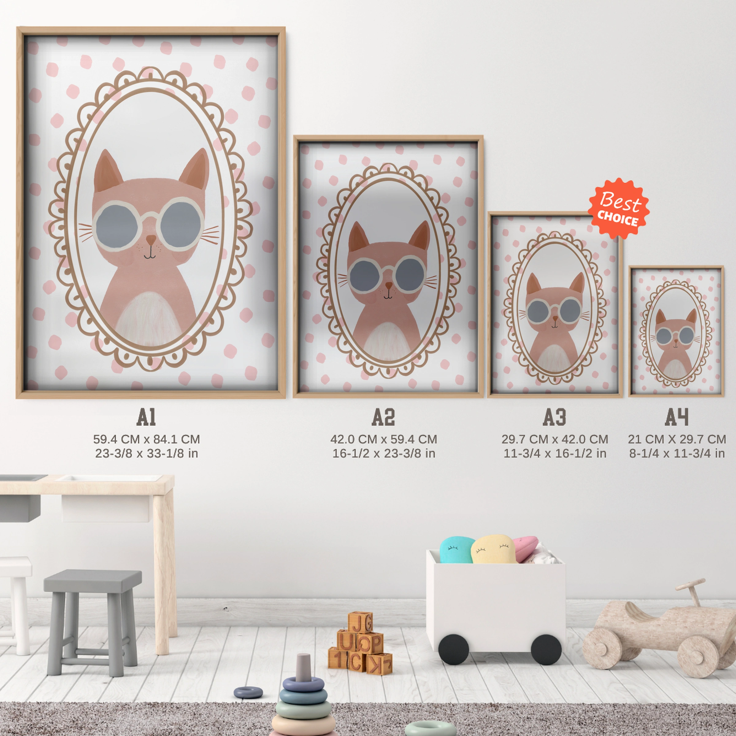 Pink Cat in Glasses Nursery Print - size guide A4 A3 A2 A1 nursery print