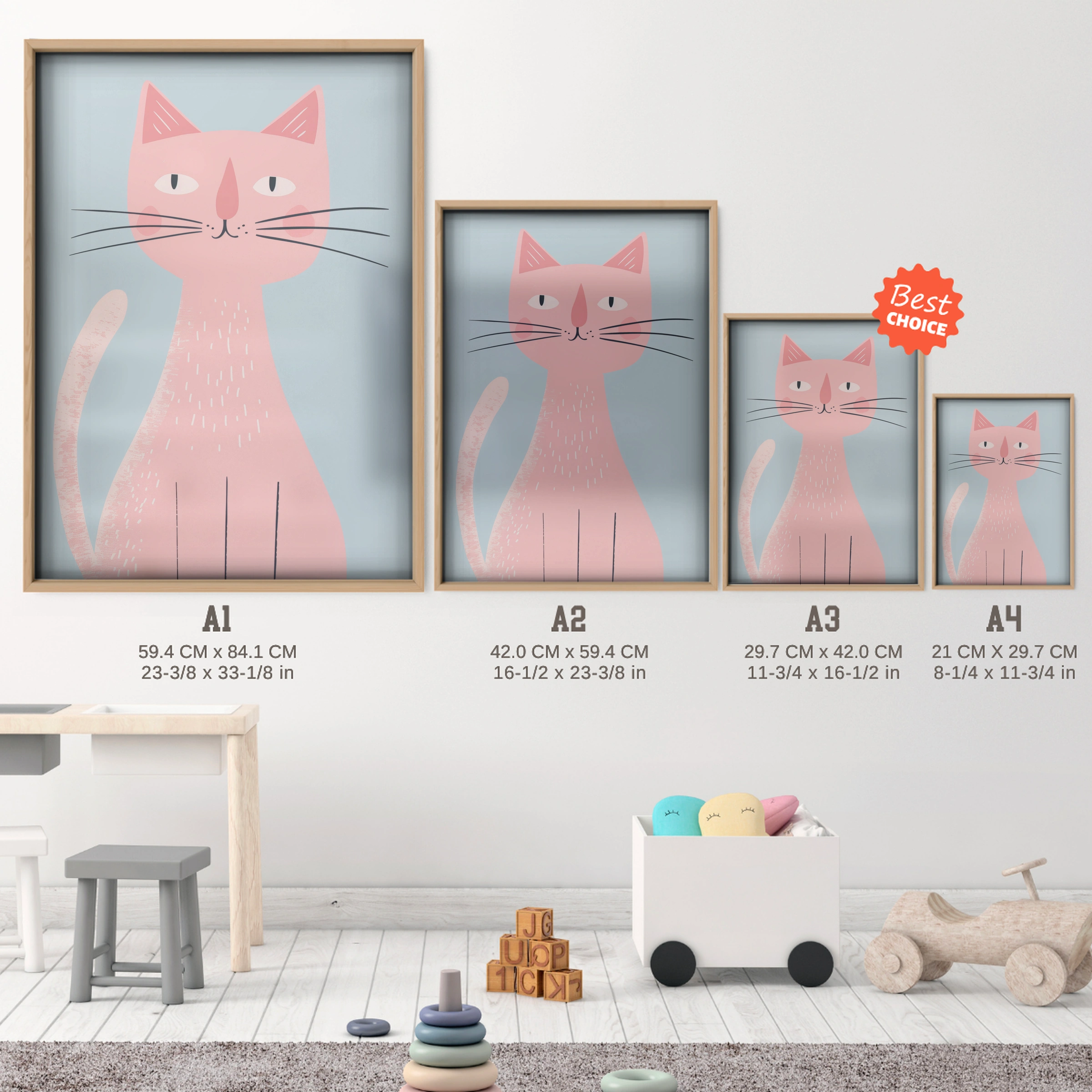 Pink Cat Nursery Print - size guide A4 A3 A2 A1 nursery print