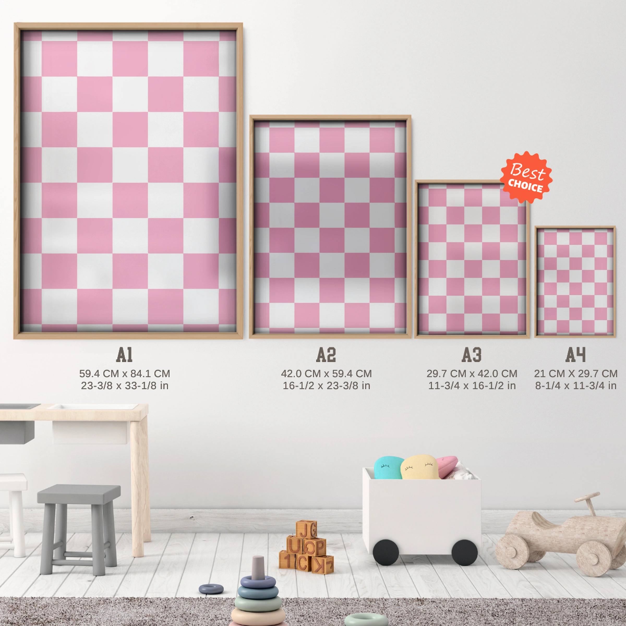 Pink Checkerboard Nursery Print - size guide A4 A3 A2 A1 nursery print