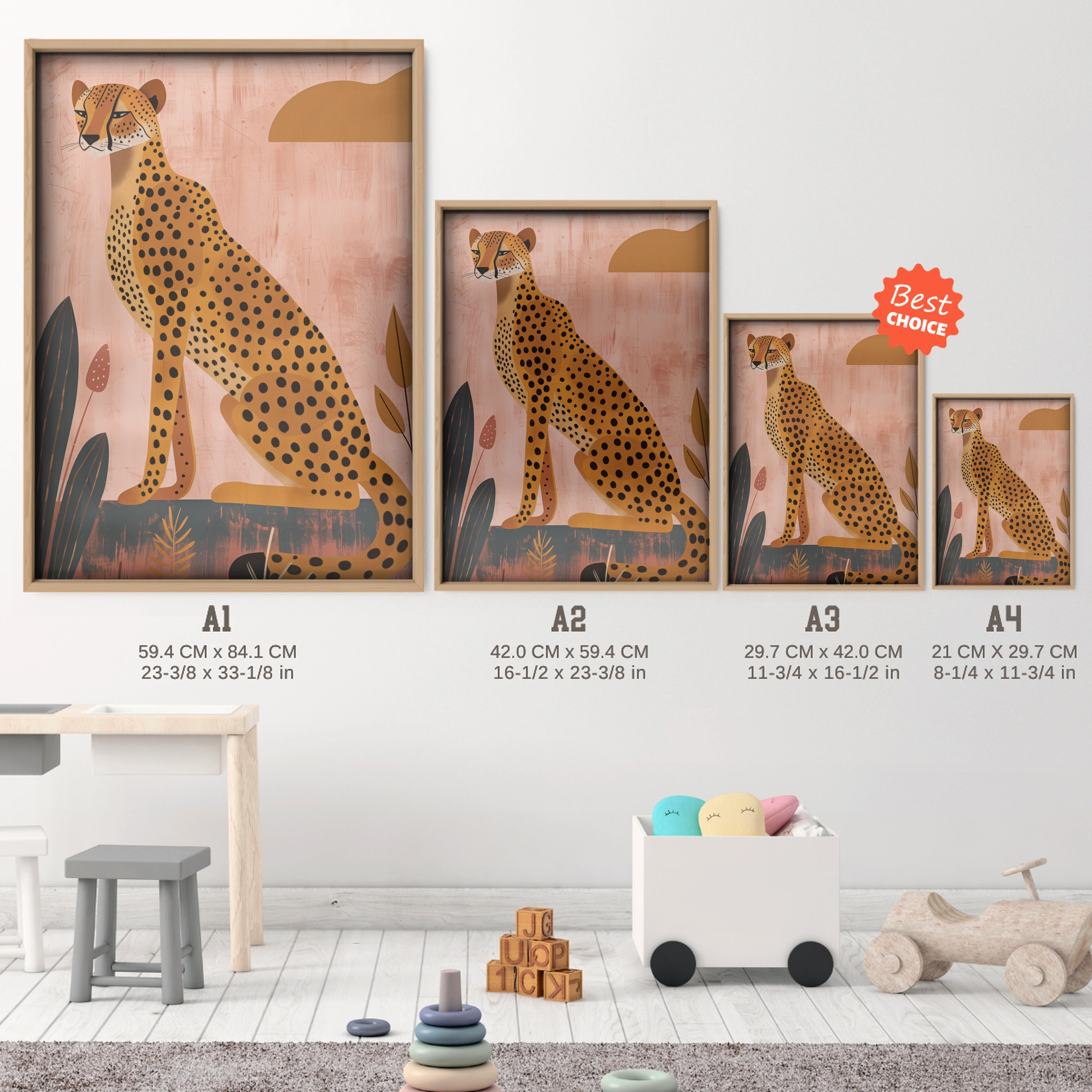 Pink Cheetah Nursery Print - size guide A4 A3 A2 A1 nursery print